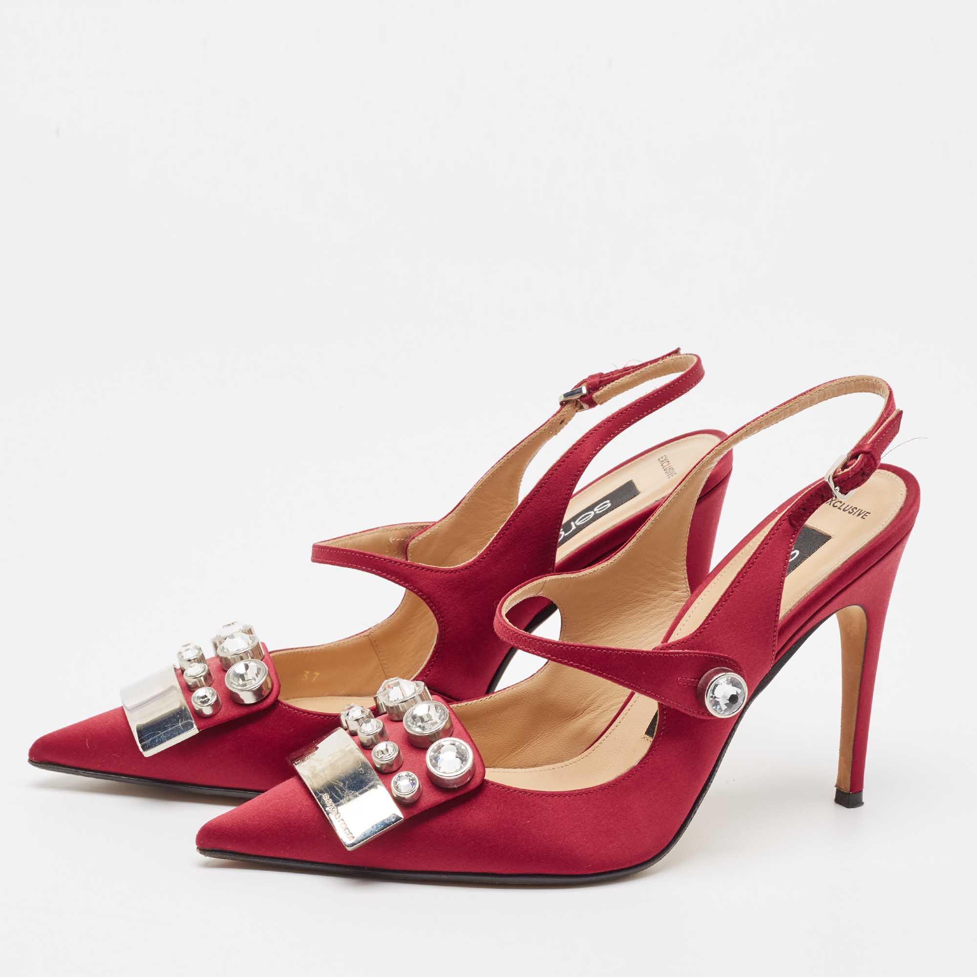 

Sergio Rossi Burgundy Satin Crystal Embellished Slingback Pumps Size