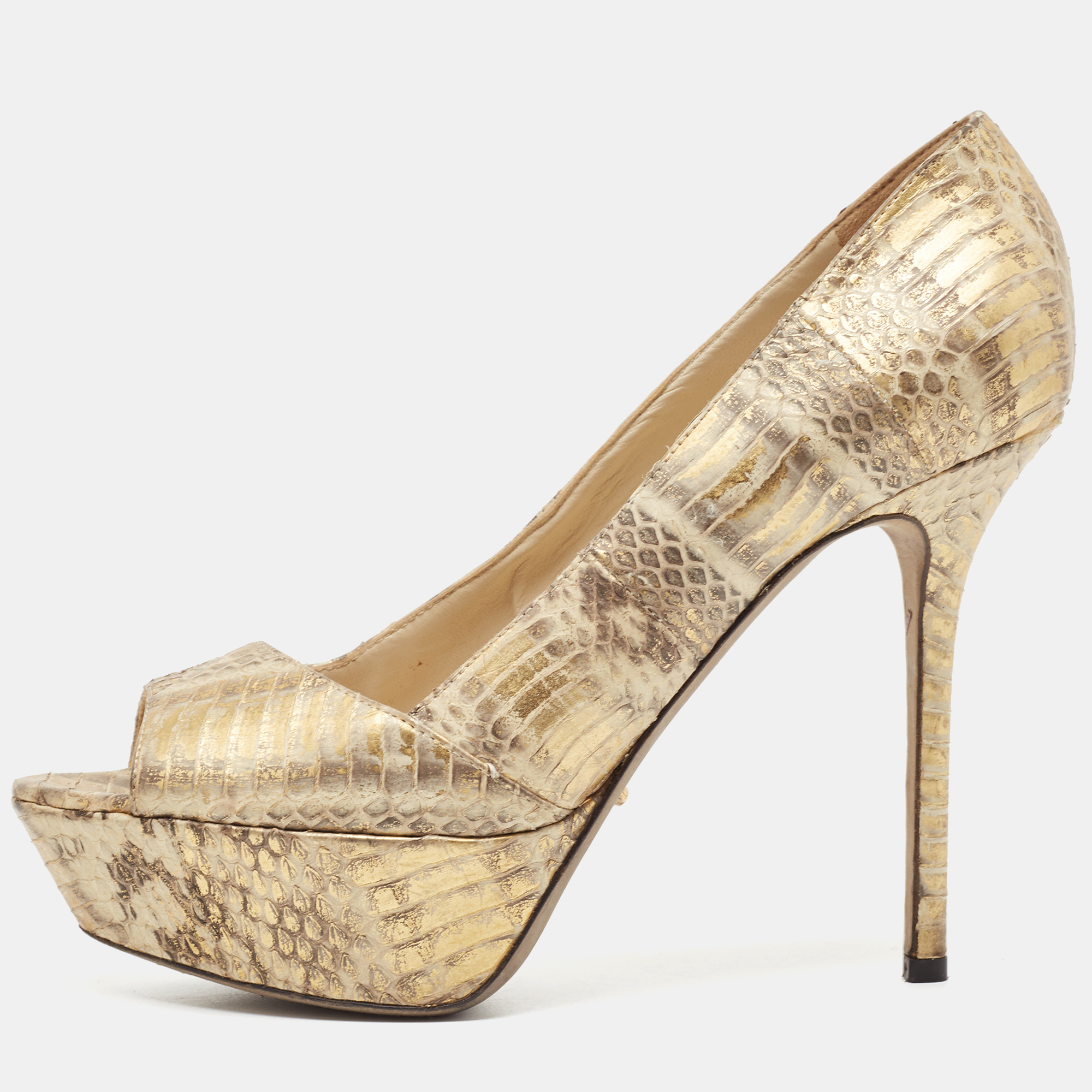 Pre-owned Sergio Rossi Beige/gold Water Snake Embossed Leather Peep Toe Pumps Size 38.5