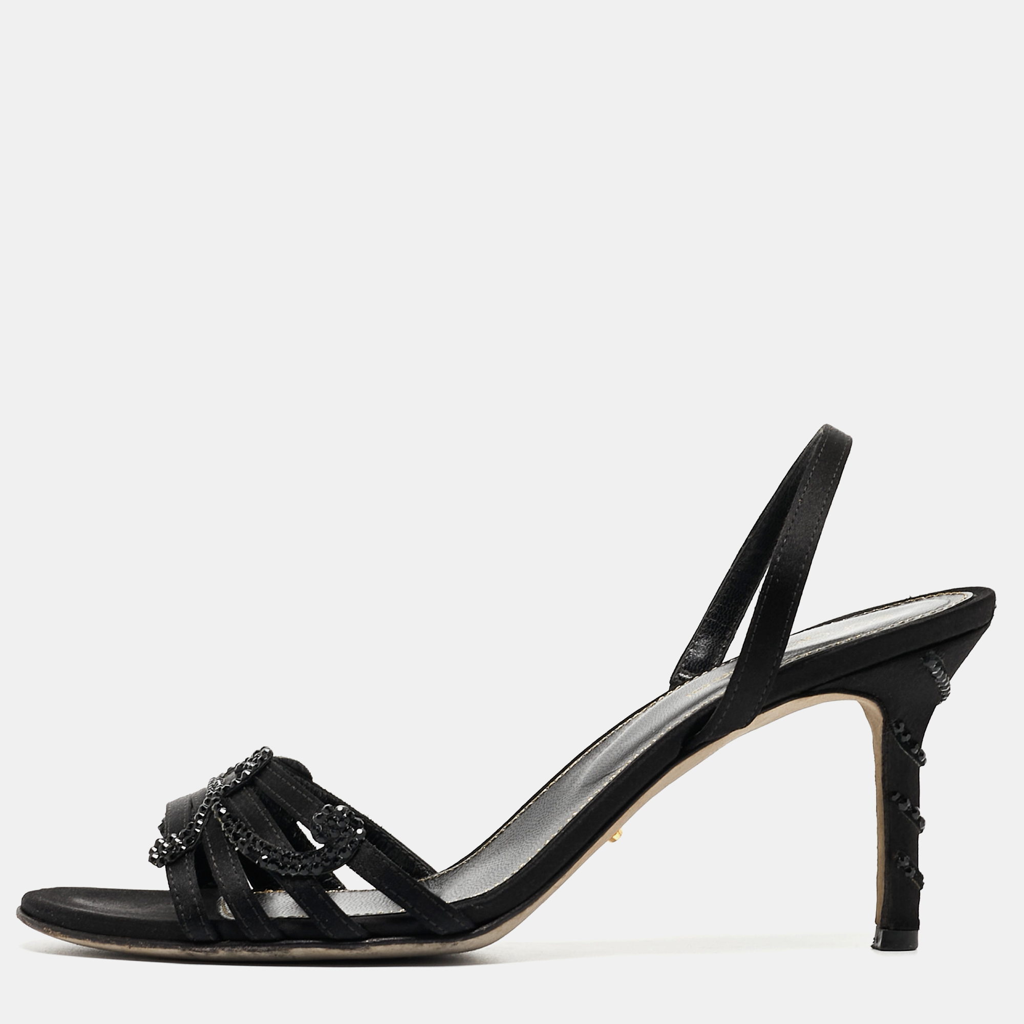 Pre-owned Sergio Rossi Black Satin Embellished Sandals Size 36.5