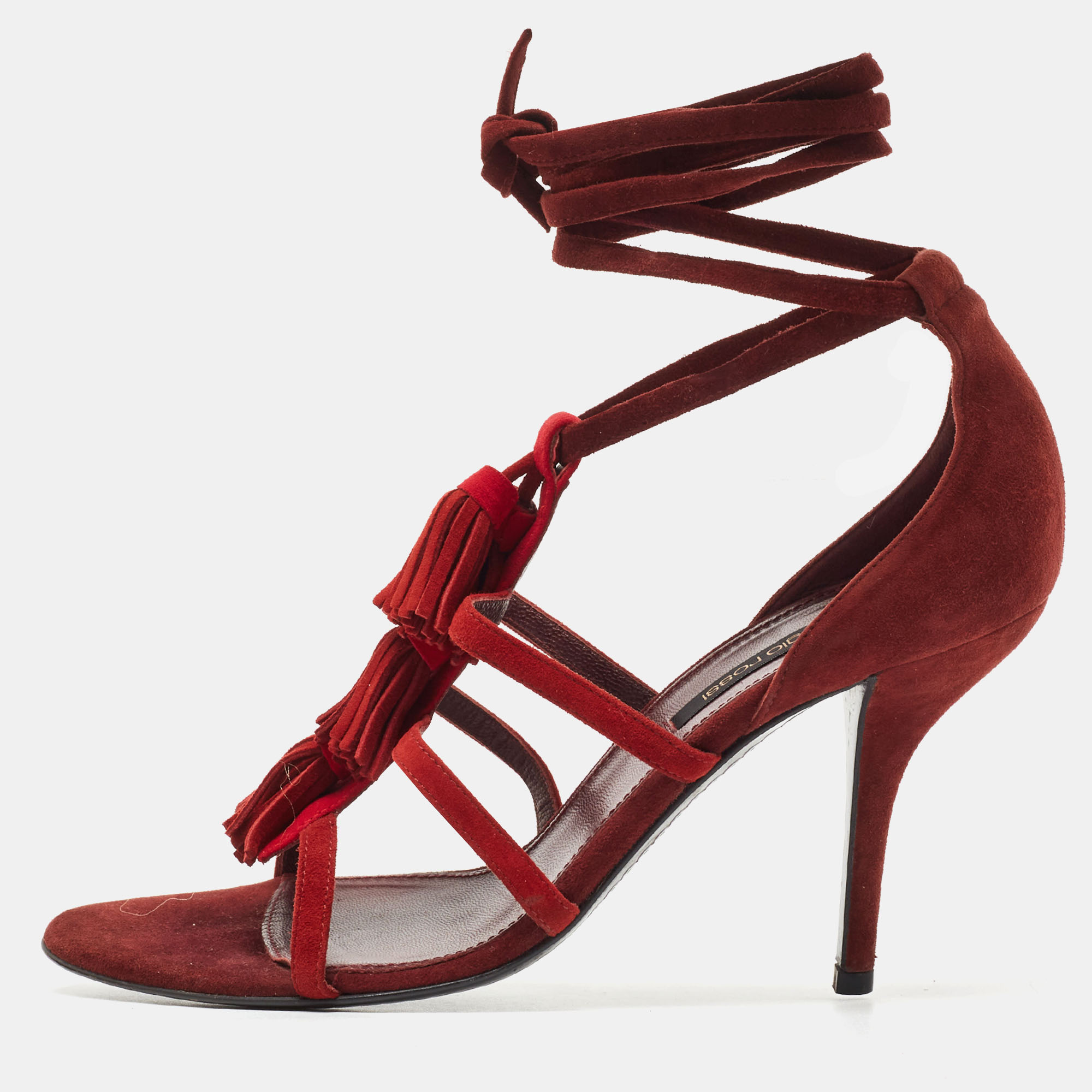 Look glamorous no matter what you wear with these beautiful sandals from Sergio Rossi as you step out in style. Crafted in Italy they are crafted from quality suede and comes in a lovely two tone. These strappy sandals are styled with tassels on the upper and 10.5cm heels.