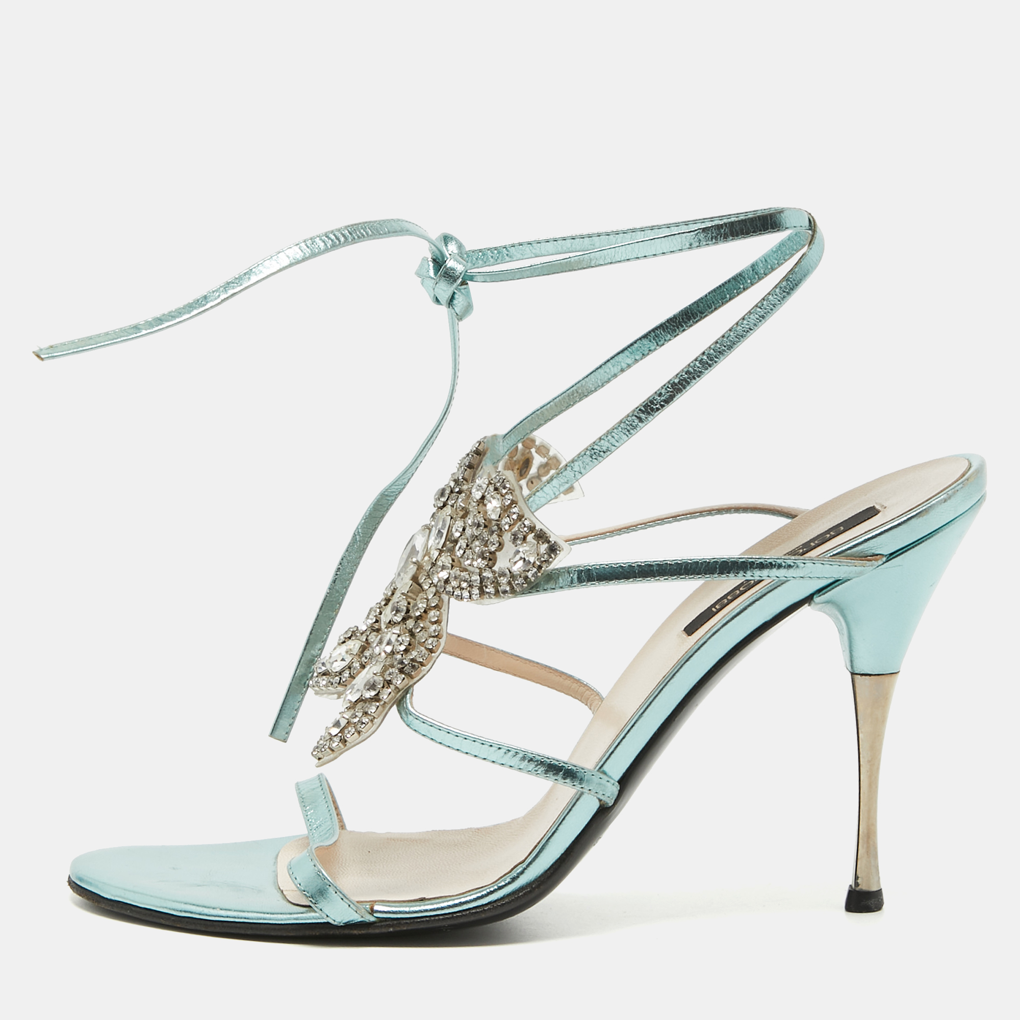 

Sergio Rossi Metallic Green Leather and PVC Crystal Embellished Ankle Wrap Sandals Size