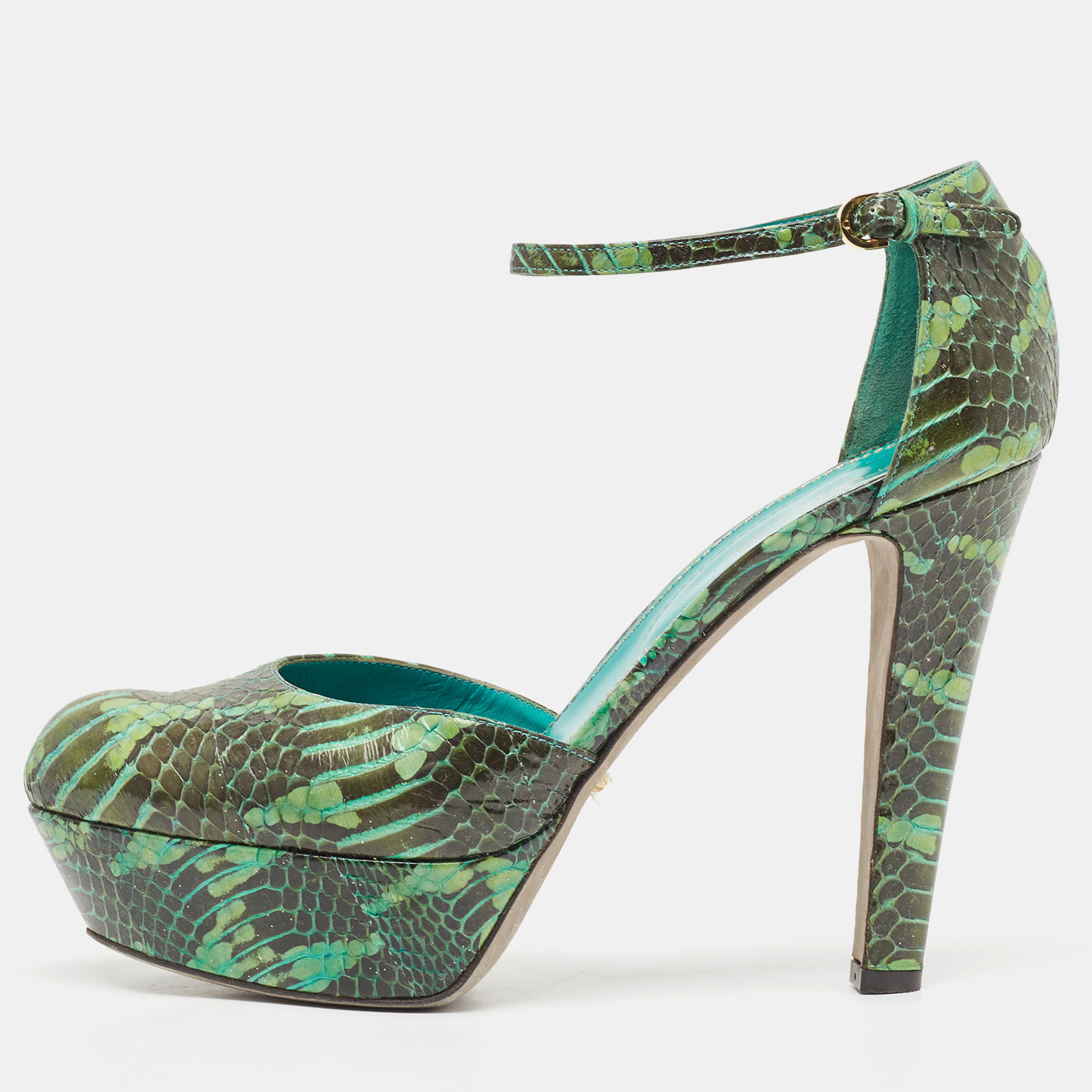 

Sergio Rossi Two Tone Watersnake Platform Ankle Strap Pumps Size, Green