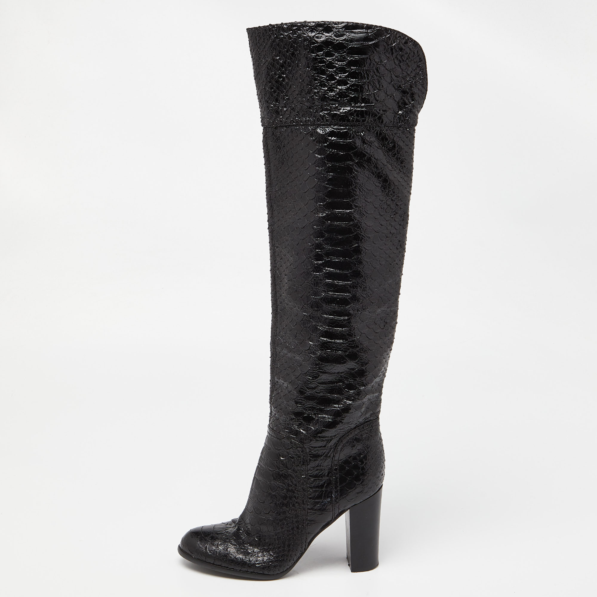 Pre-owned Sergio Rossi Black Snakeskin Embossed Leather Over The Knee Length Boots Size 37