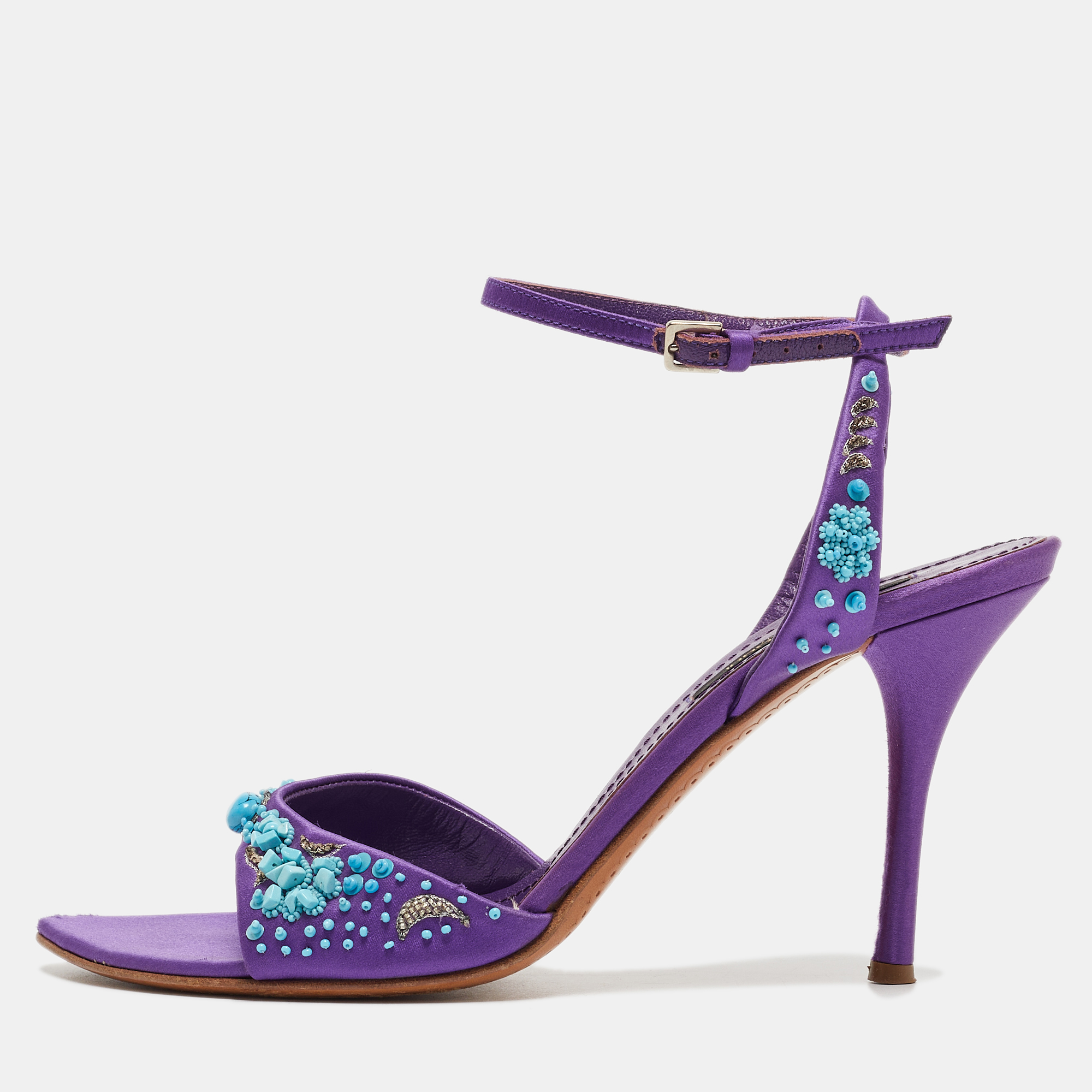 Pre-owned Sergio Rossi Purple Satin Embellished Ankle Strap Sandals Size 39.5