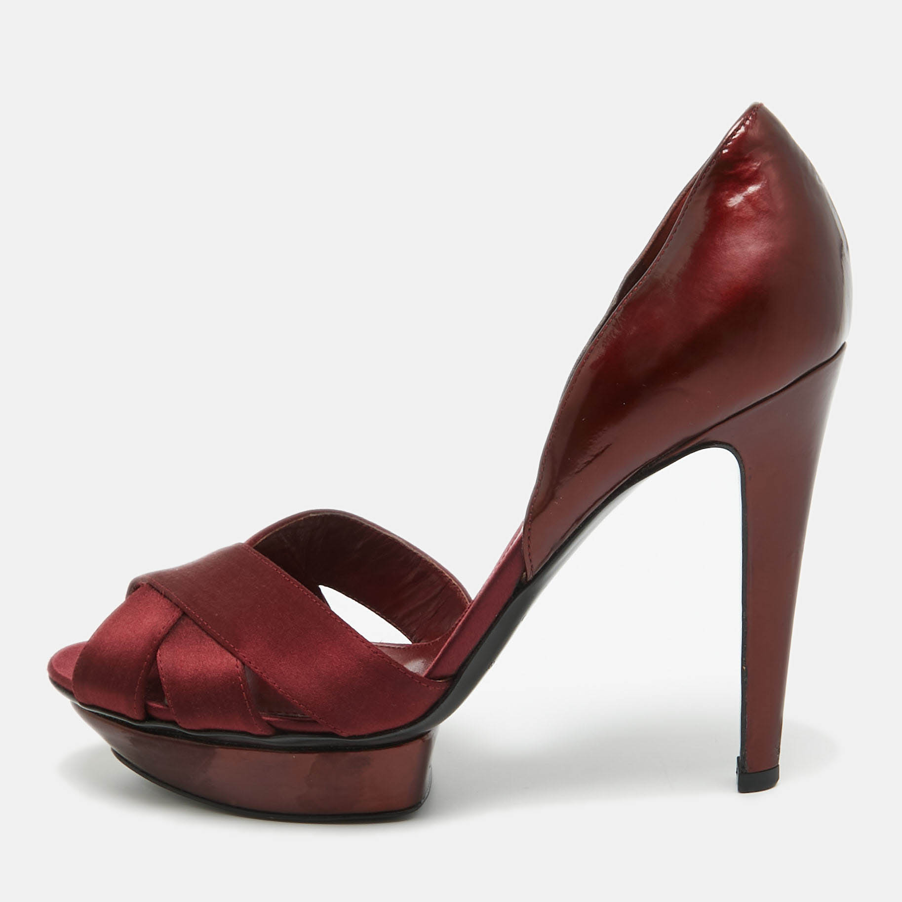 

Sergio Rossi Burgundy Satin and Patent Open Toe Platform D'orsay Pumps Size