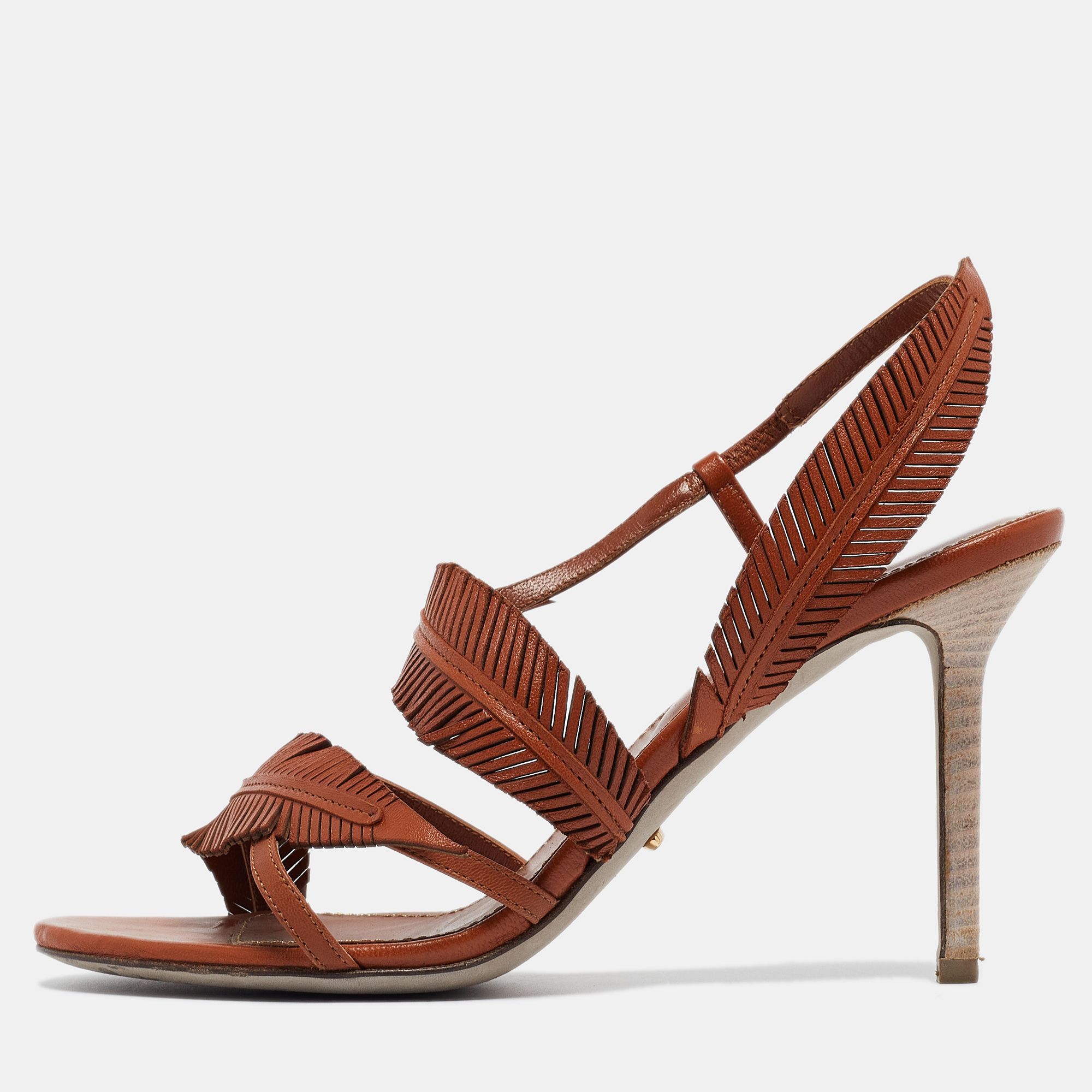 

Sergio Rossi Brown Leather Leaf Detail Slingback Sandals Size