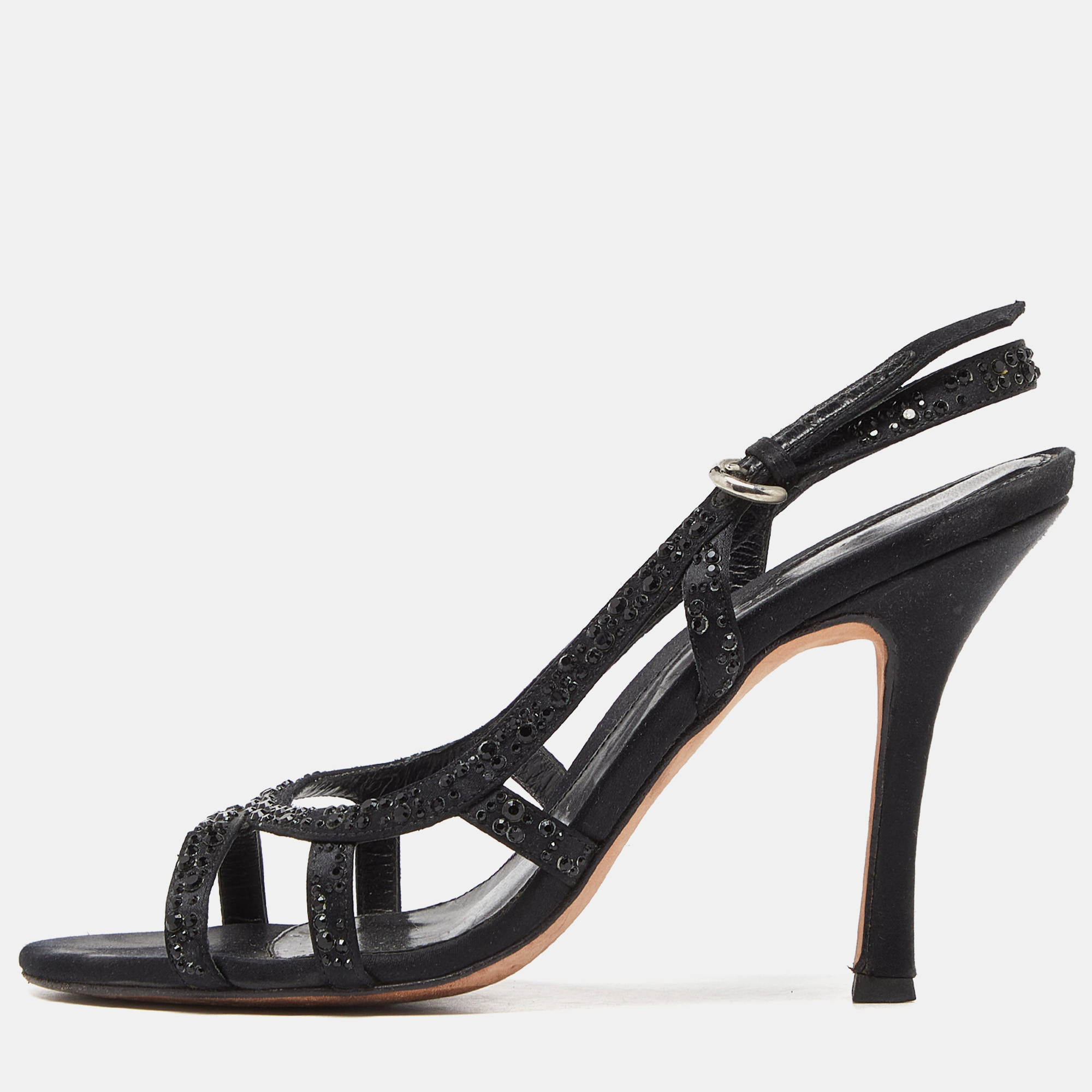 Black Satin Crystal Embellished Ankle Strap Sandals