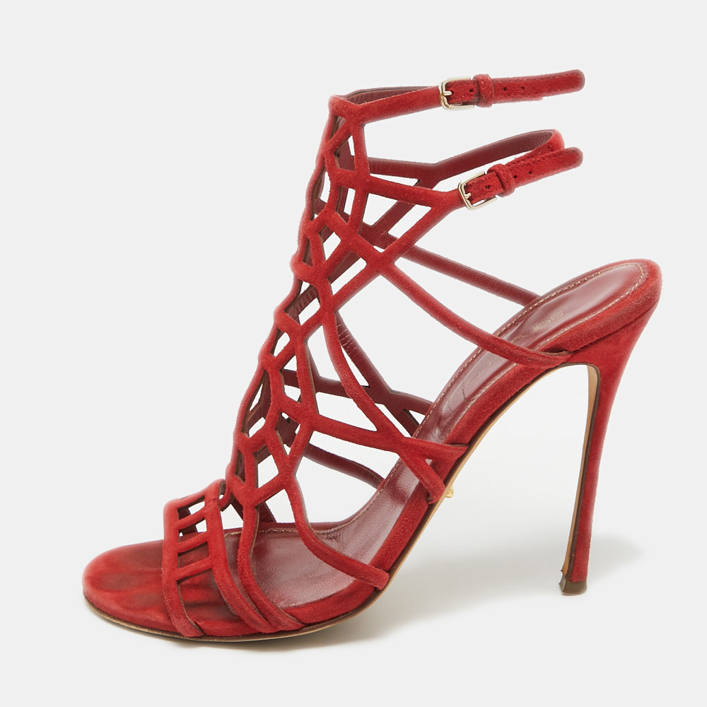 

Sergio Rossi Red Suede Puzzle Caged Sandals Size
