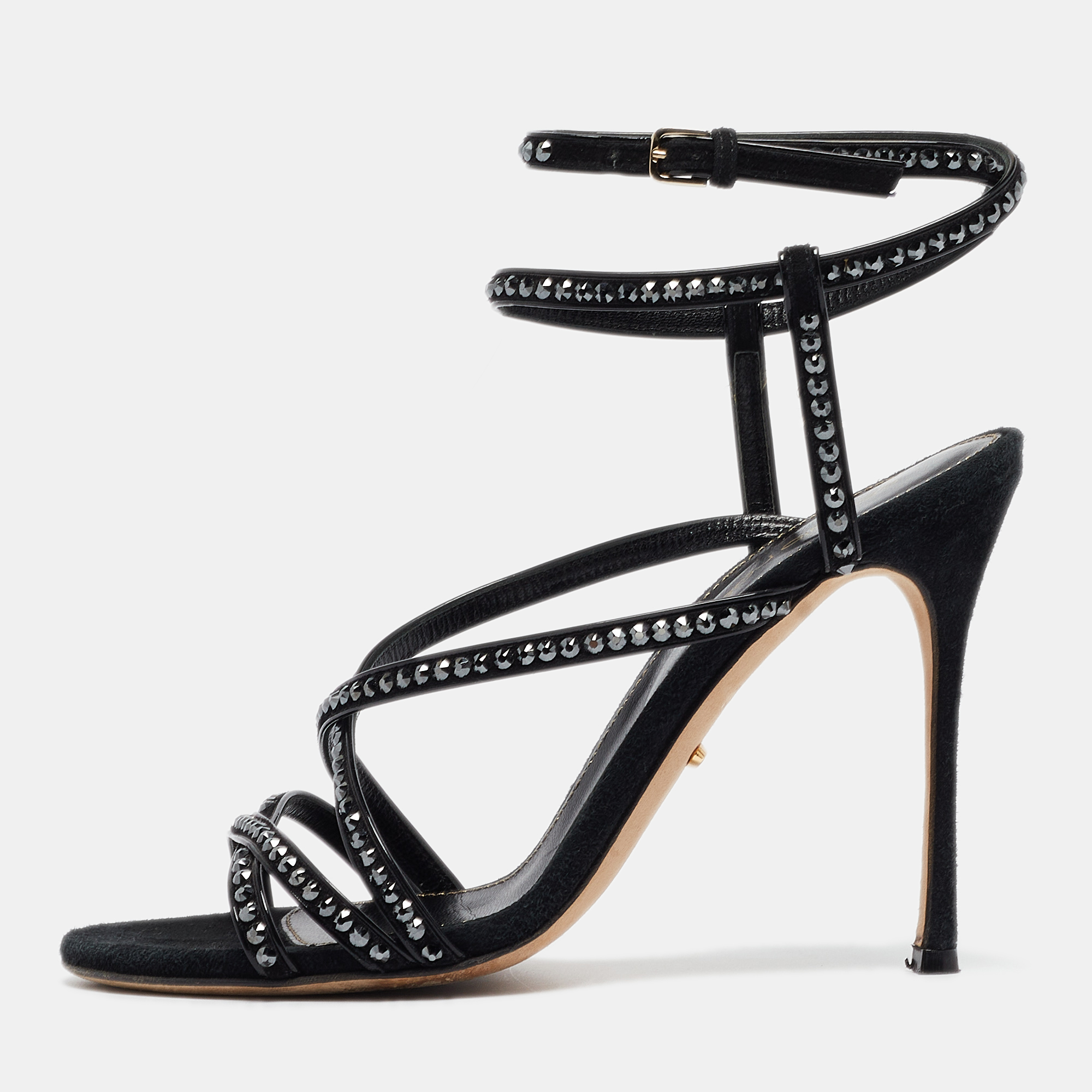 Black Patent Leather And Suede Crystals Embellished Ankle Wrap Sandals