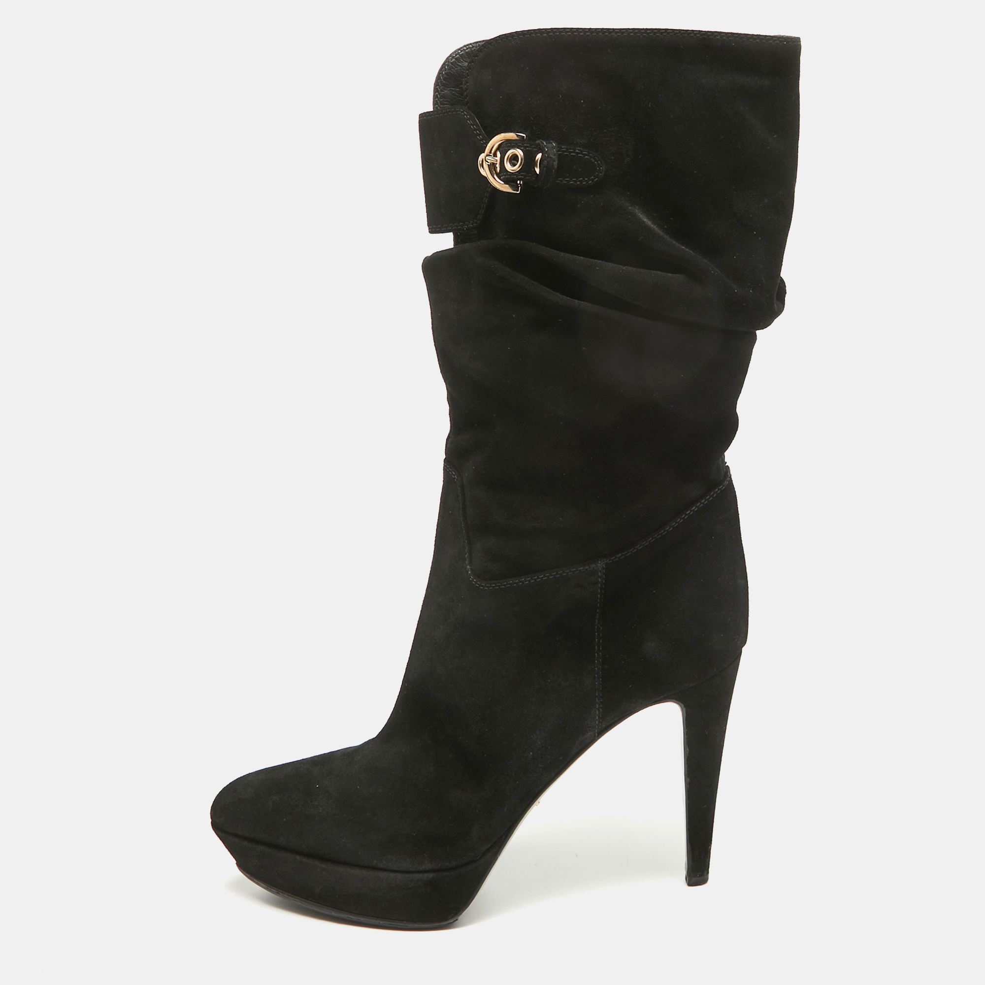 

Sergio Rossi Black Suede Buckle Mid Calf Boots Size
