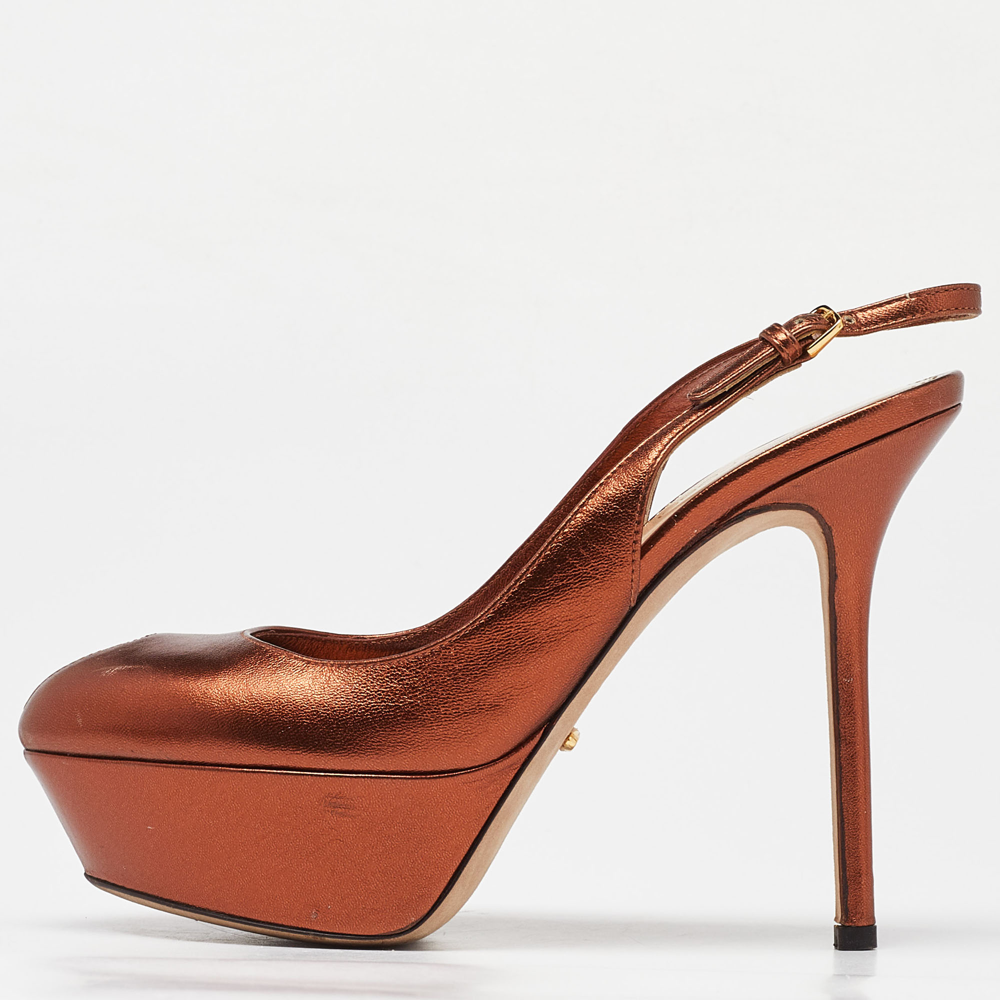 

Sergio Rossi Metallic Brown Leather Cachet Peep Toe Platform Slingback Sandals Size