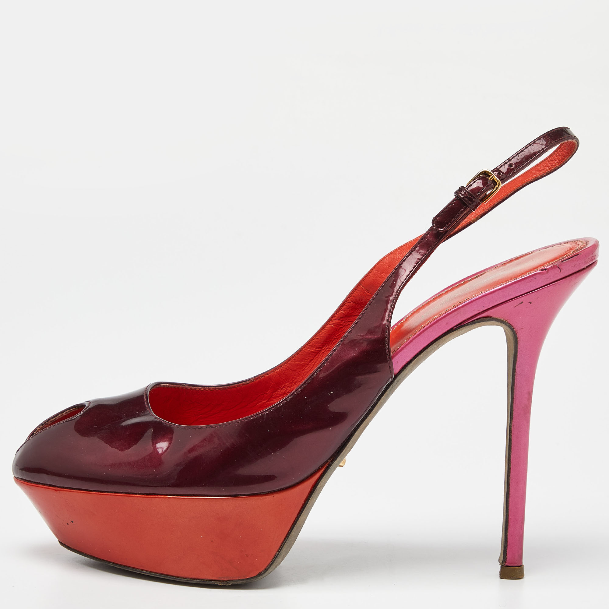 Pre-owned Sergio Rossi Burgundy/red Patent Leather Cachet Slingback Pumps Size 39