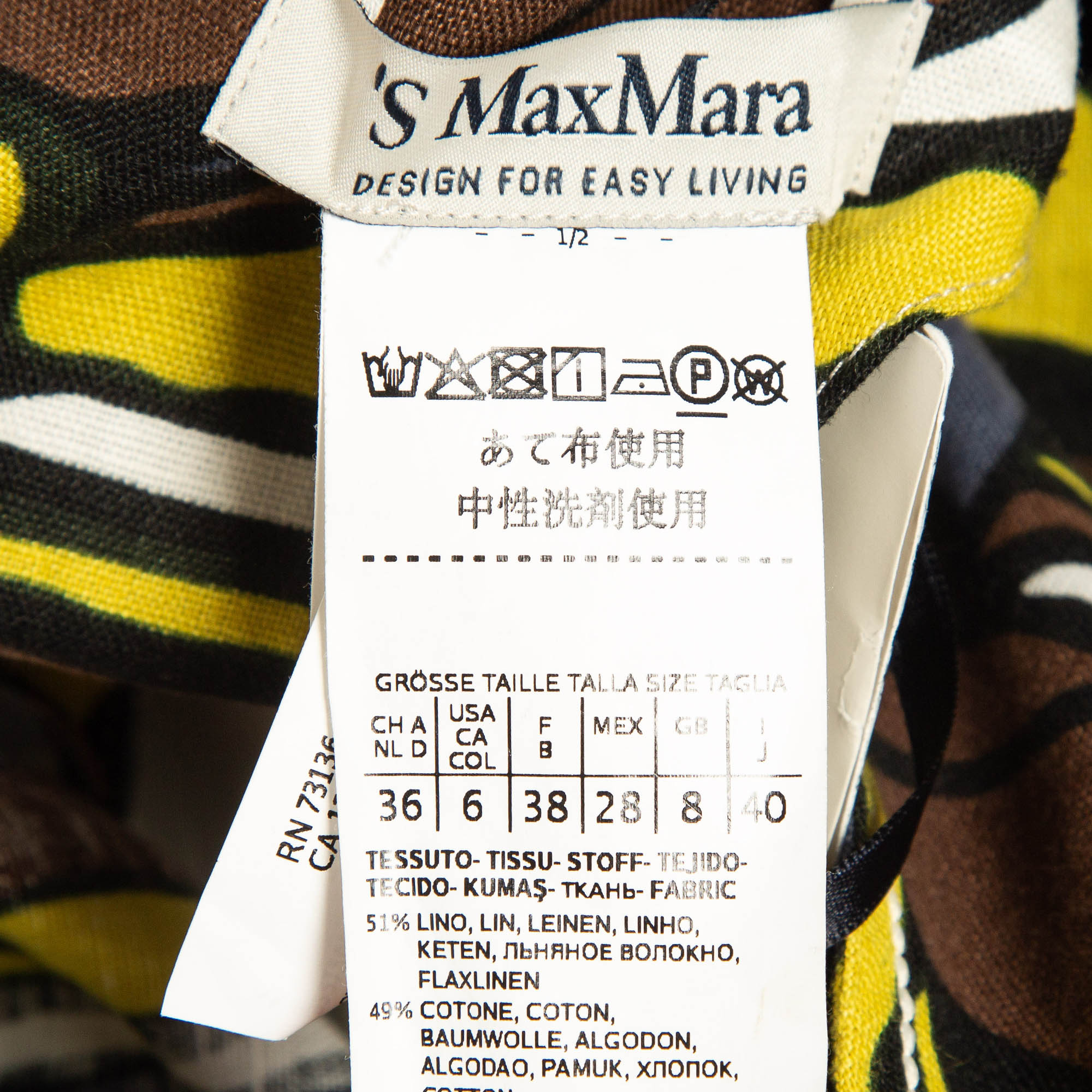 S`Max Mara Brown/Multicolor Printed Linen Midi Dress S 