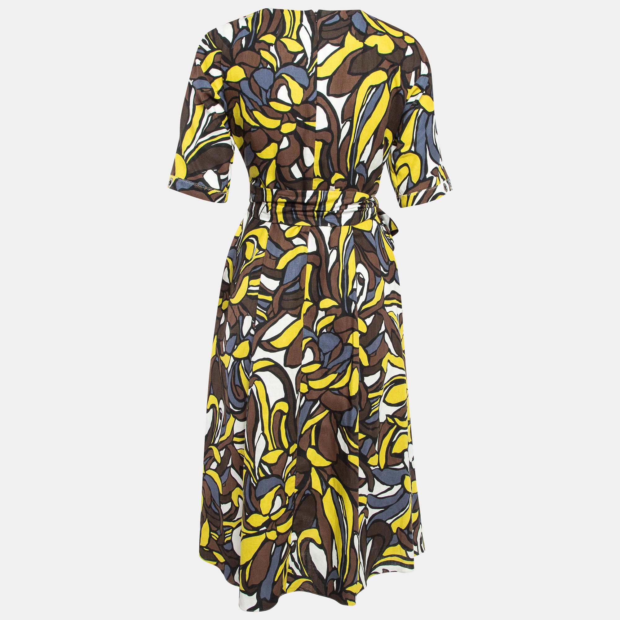 S`Max Mara Brown/Multicolor Printed Linen Midi Dress S 