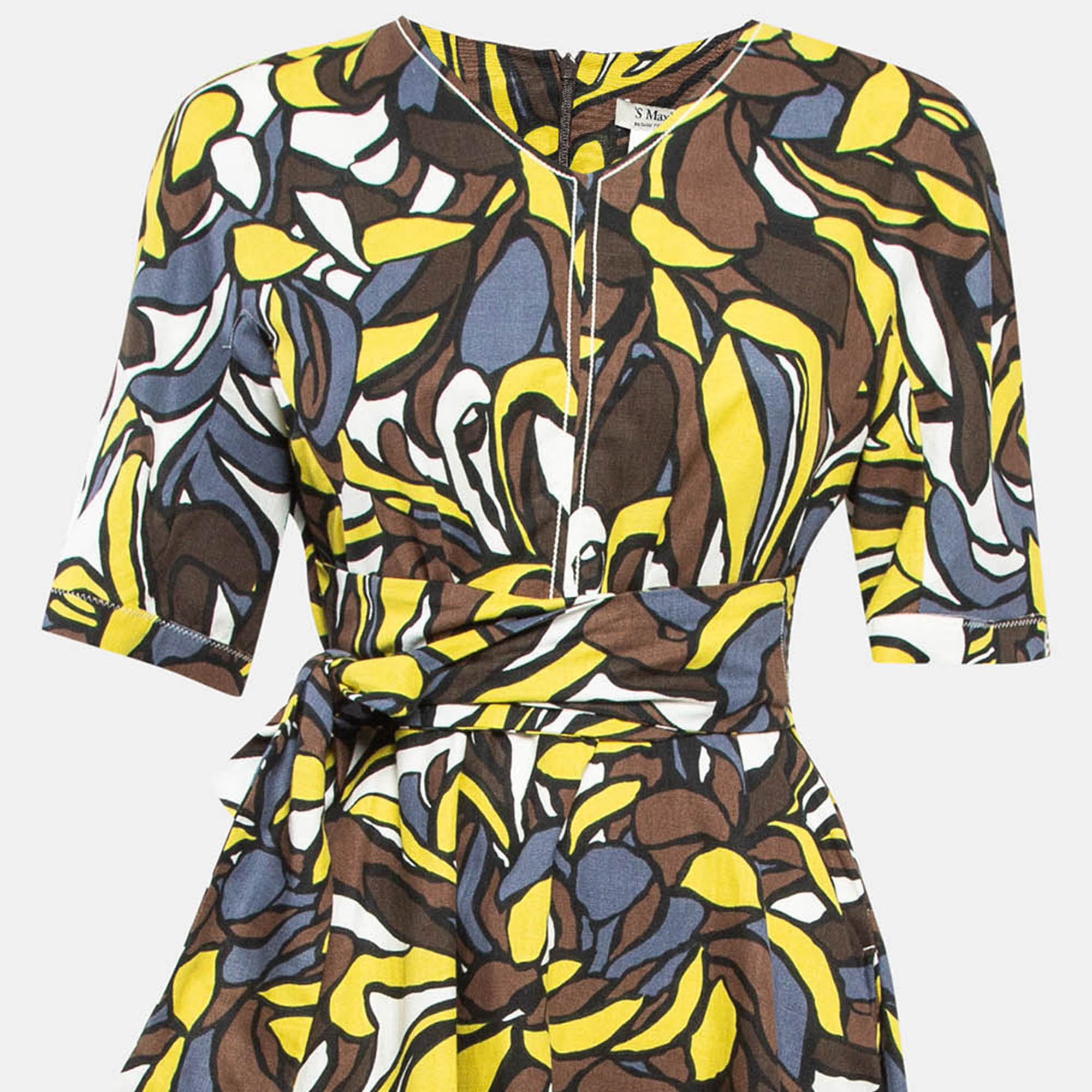 S`Max Mara Brown/Multicolor Printed Linen Midi Dress S 