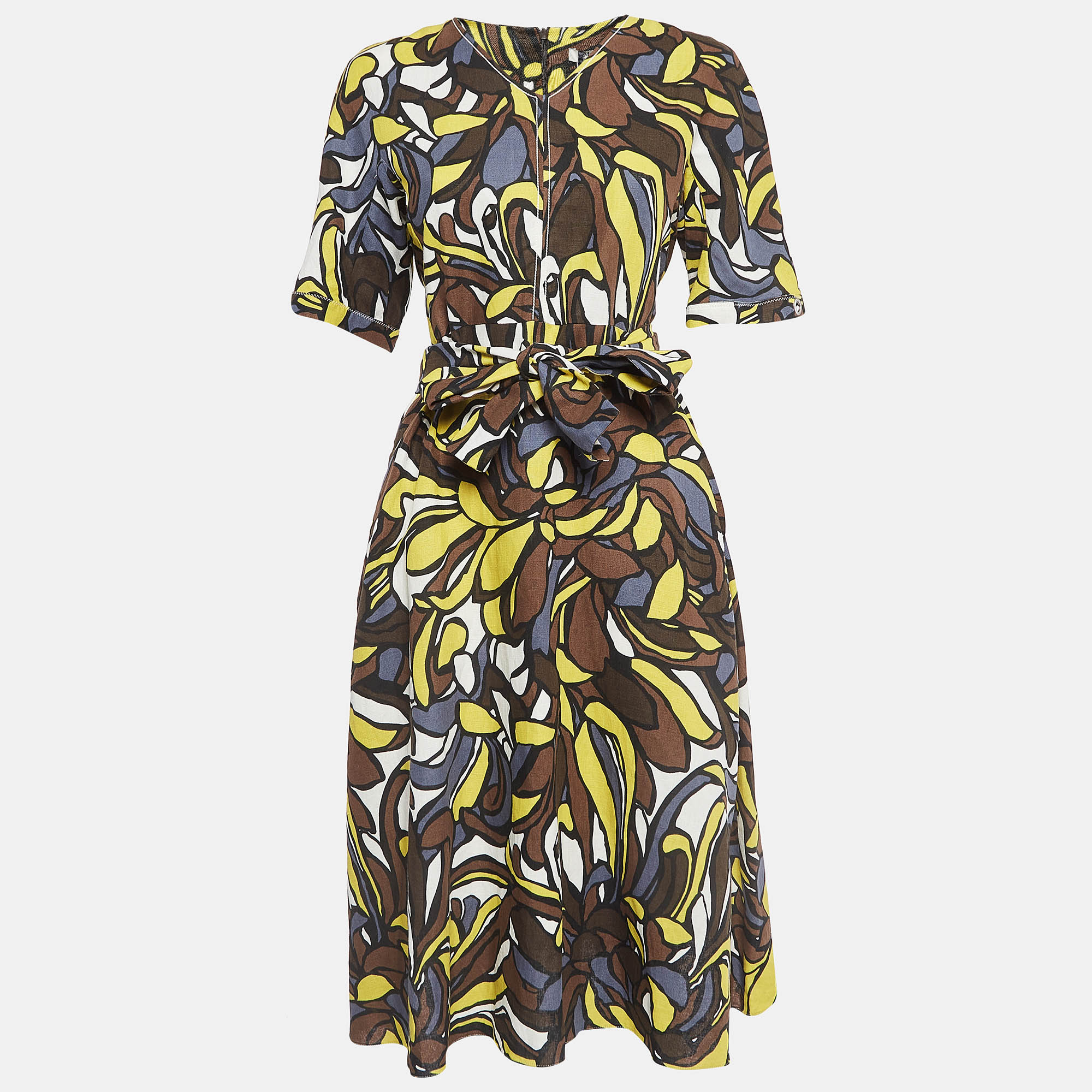 Pre-owned S'max Mara Multicolor Printed Linen Blend Belted Midi Dress S