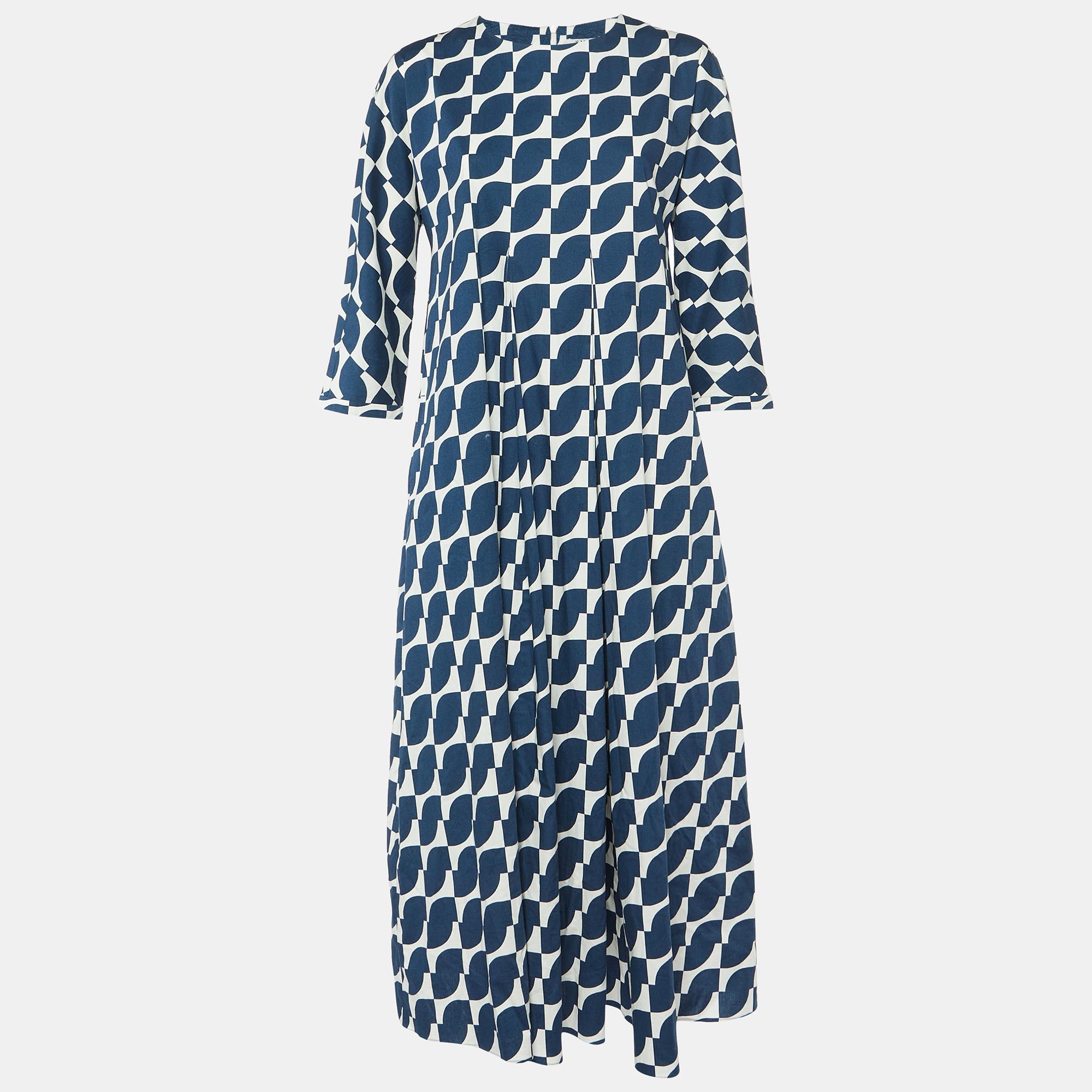 

S'Max Mara Navy Blue Geometric Print Cotton Pleated Long Dress M