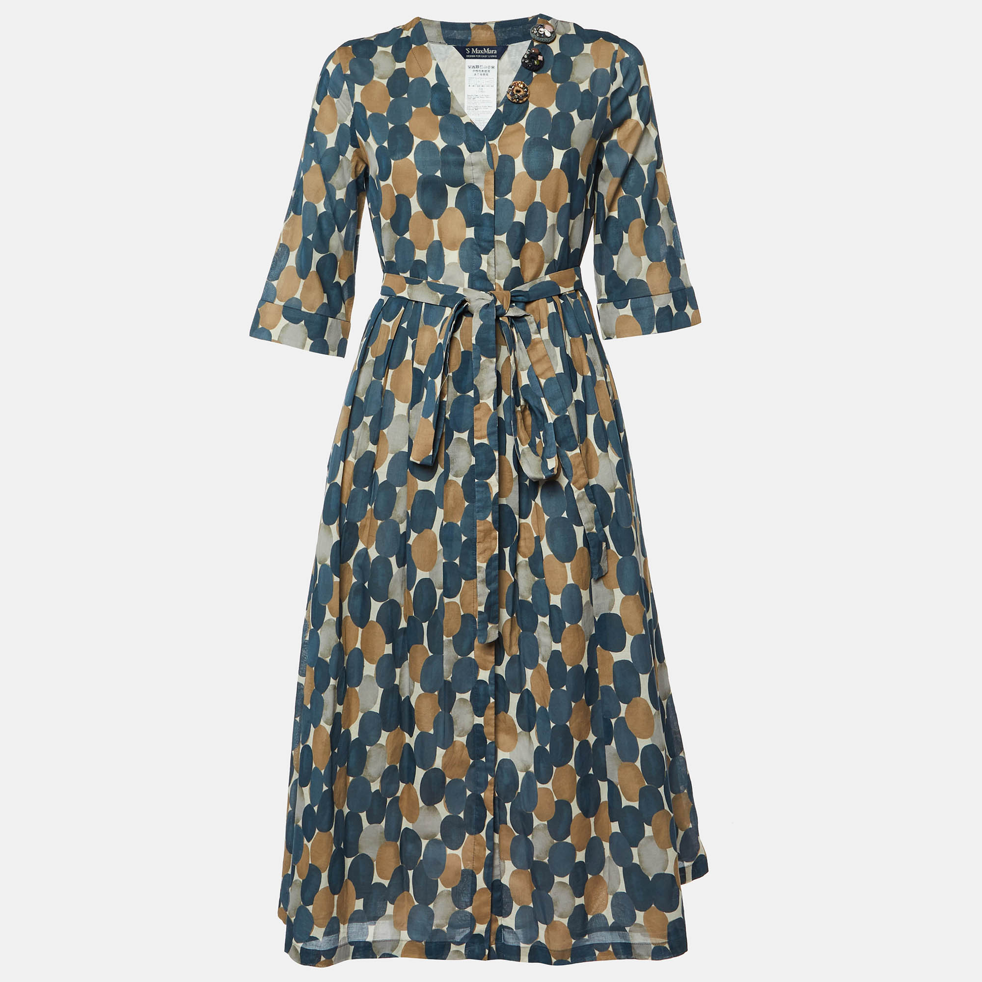 

S'Max Mara Blue Pesche Print Cotton Belted Midi Dress M