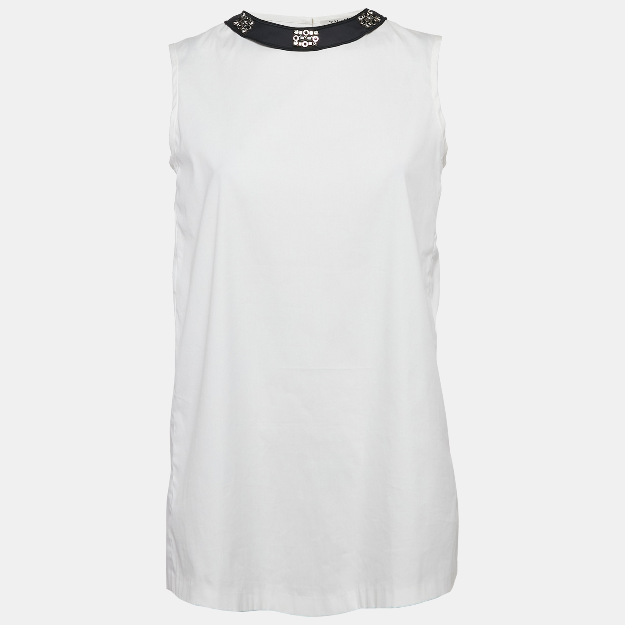 

S'Max Mara White Cotton Embellished Neck Sleeveless Top S