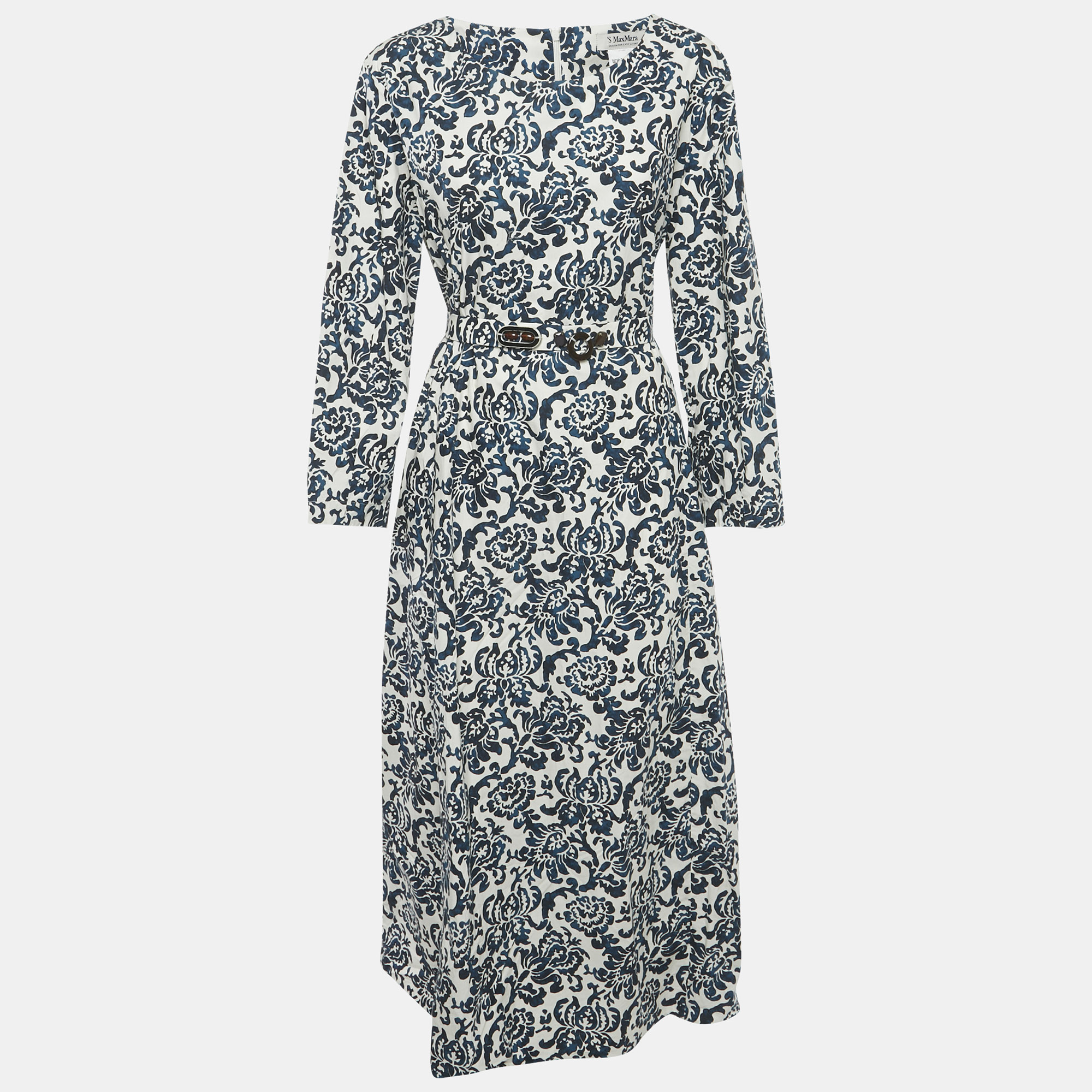 

S'Max Mara Blue Printed Cotton Belted Long Dress XL, White
