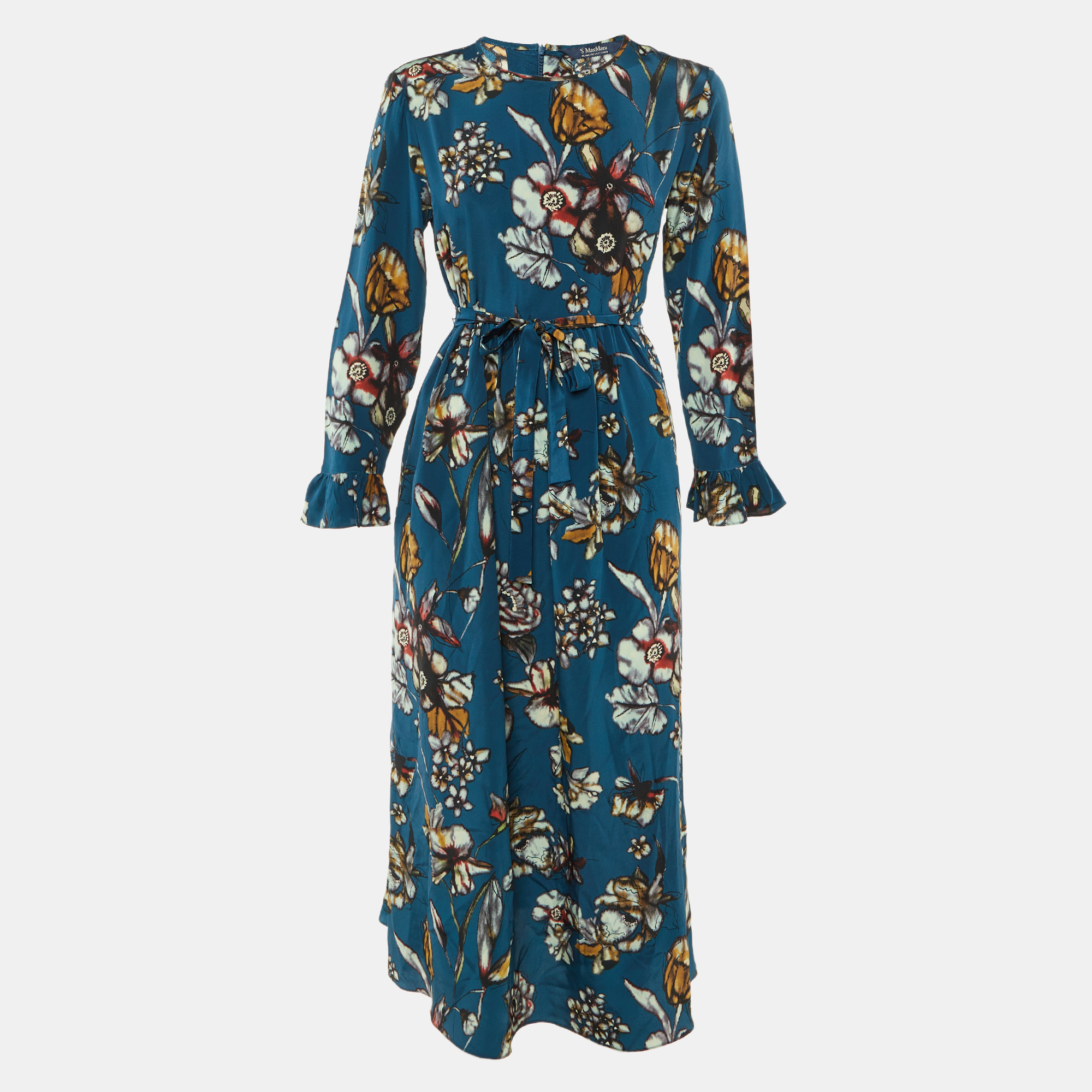 Pre-owned S'max Mara S' Max Mara Teal Blue Floral Print Silk Midi Dress L