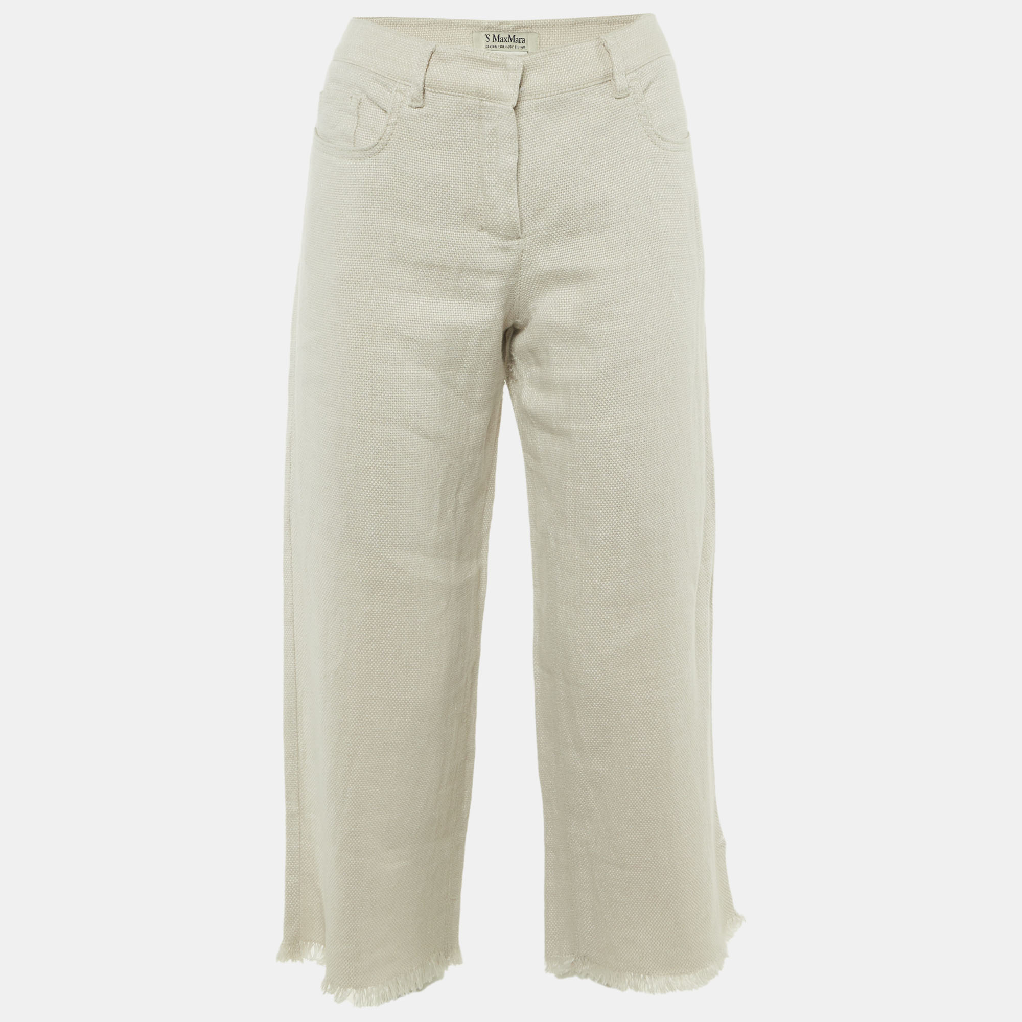 Pre-owned S'max Mara Beige Textured Linen Frayed Hem Trousers M In Sand