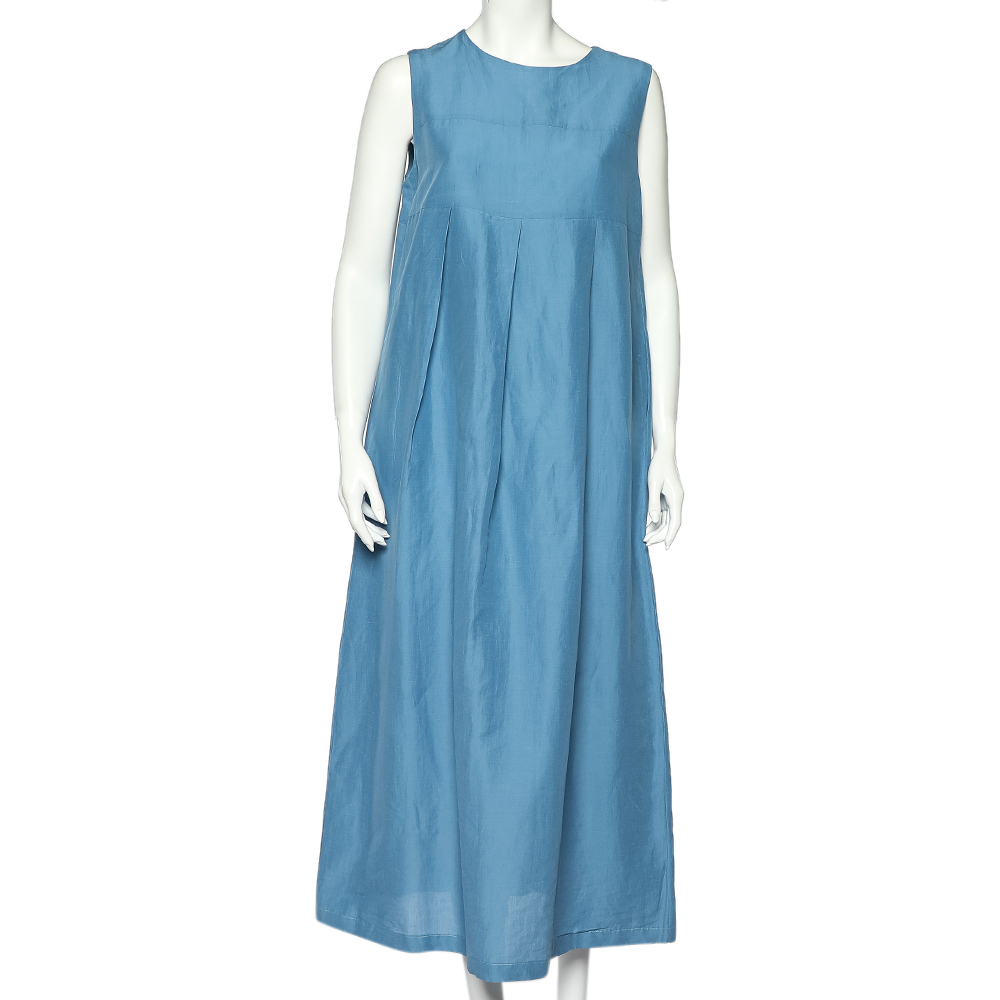 

S Max Mara Blue Cotton Pleated Detail Sleeveless Tulia Maxi Dress