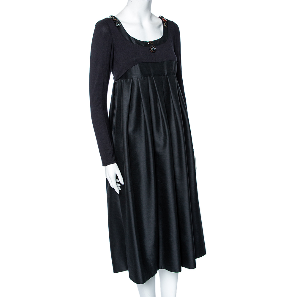 

S'Max Mara Black Wool & Silk Embellished Neck Detail Pleated Dress
