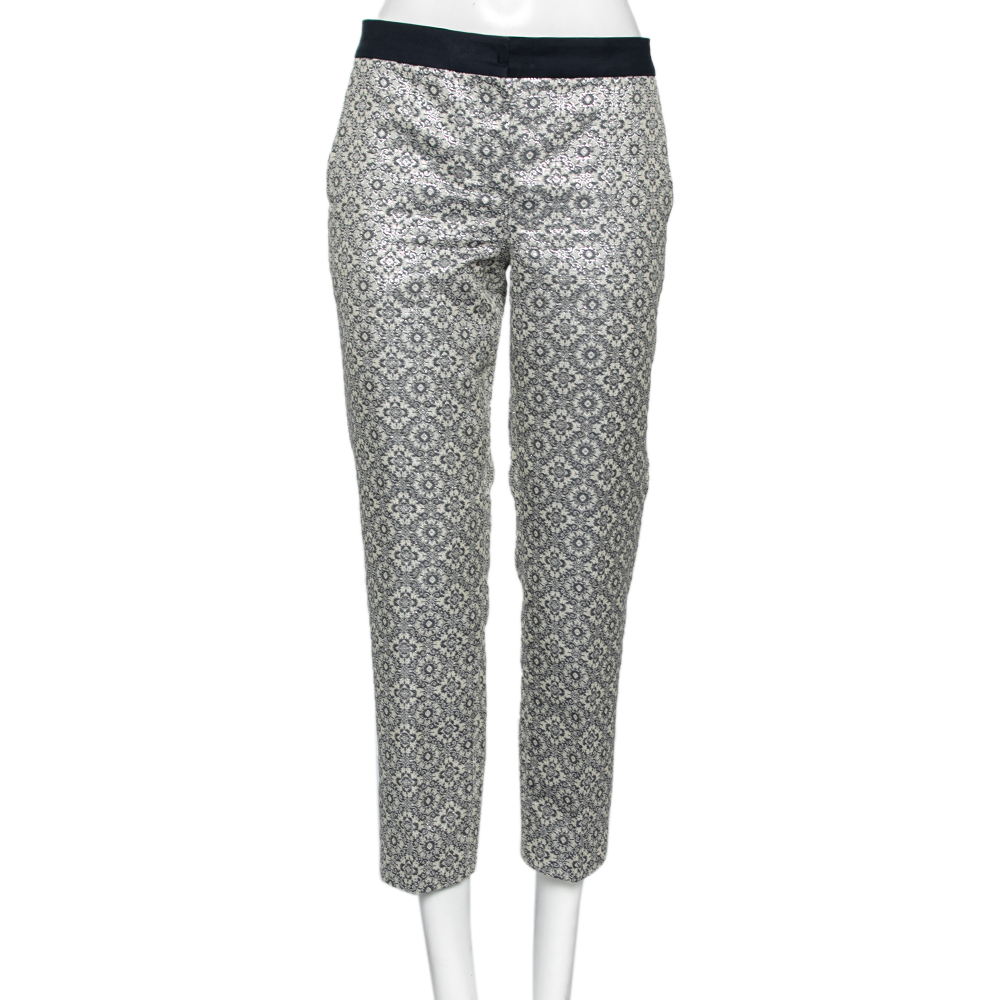 

S Max Mara Silver Floral Patterned Brocade Tapered Leg Trousers