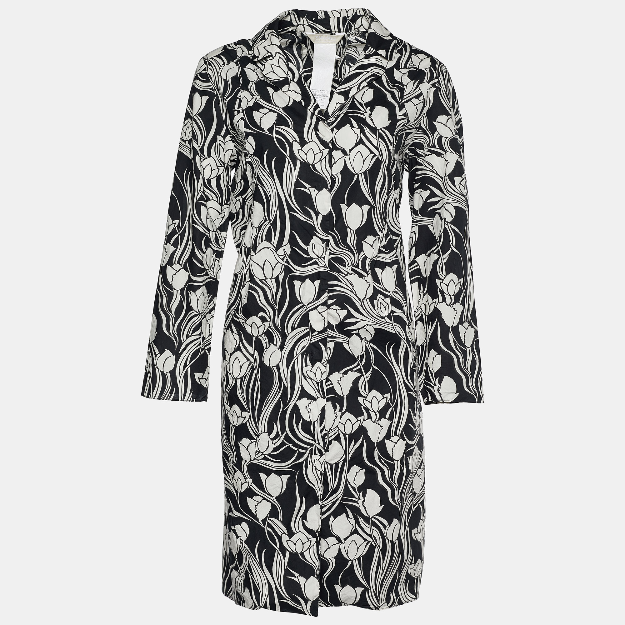 Pre-owned S'max Mara Monochrome Floral Print Cotton Shirt Dress L In Black
