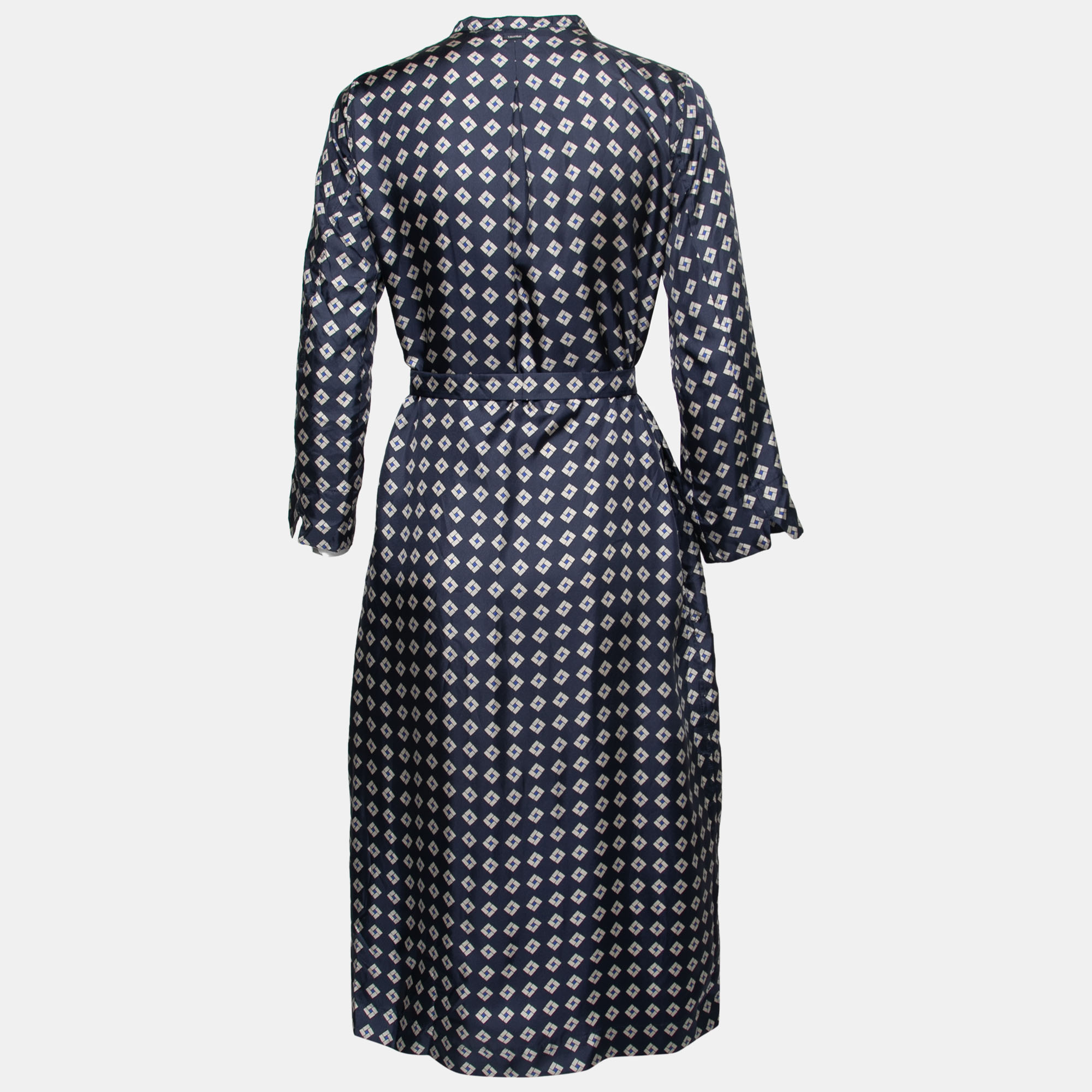 

Max Mara Navy Blue Printed Silk Farea Belted Shirt Dress