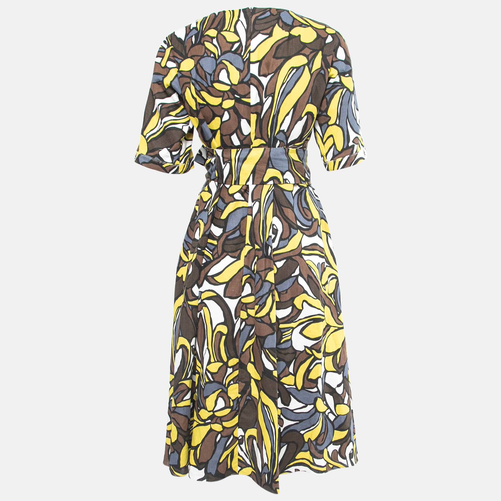 

Max Mara Multicolor Print Cotton & Linen Belted Midi Dress