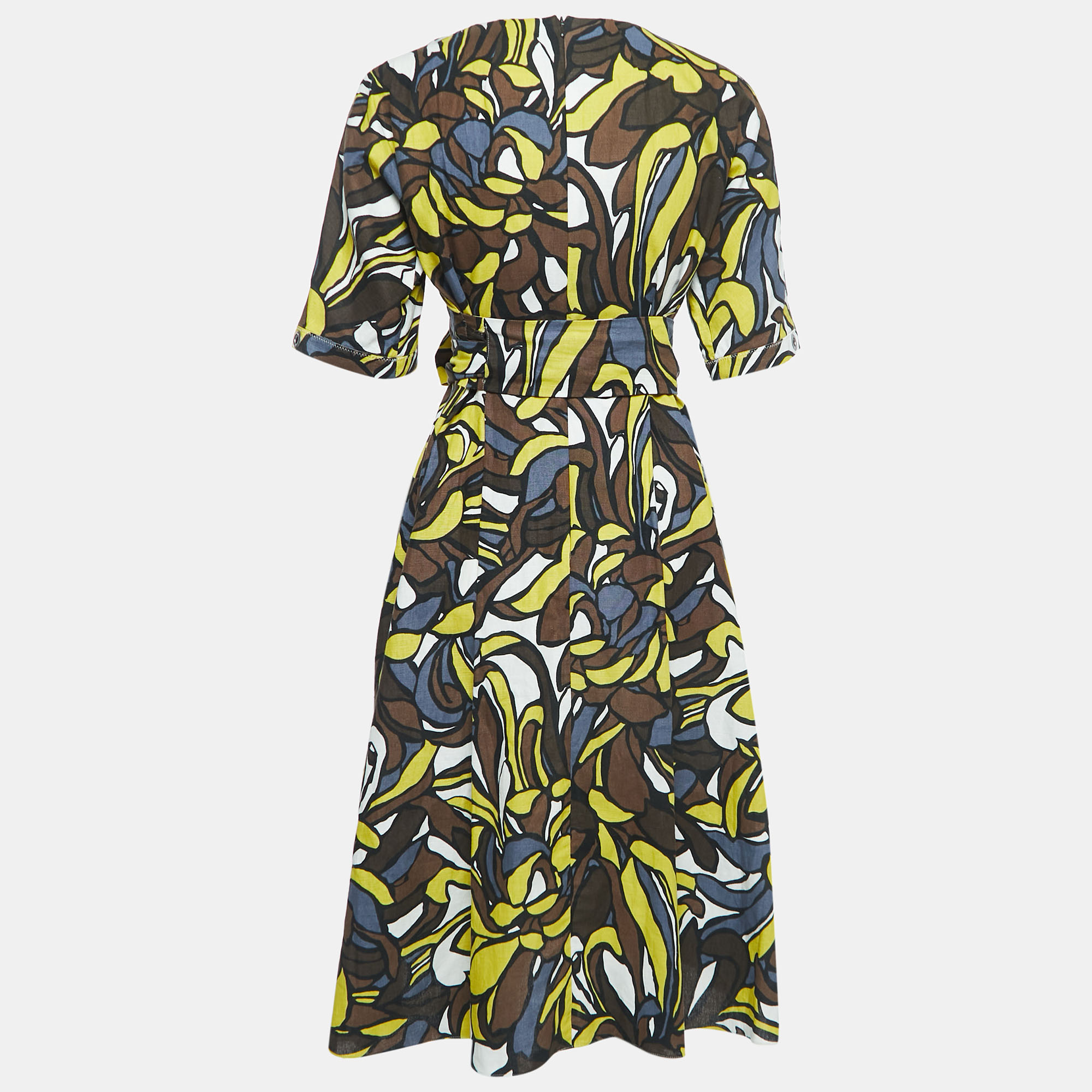 

Max Mara Multicolor Print Linen Blend Belted Midi Dress