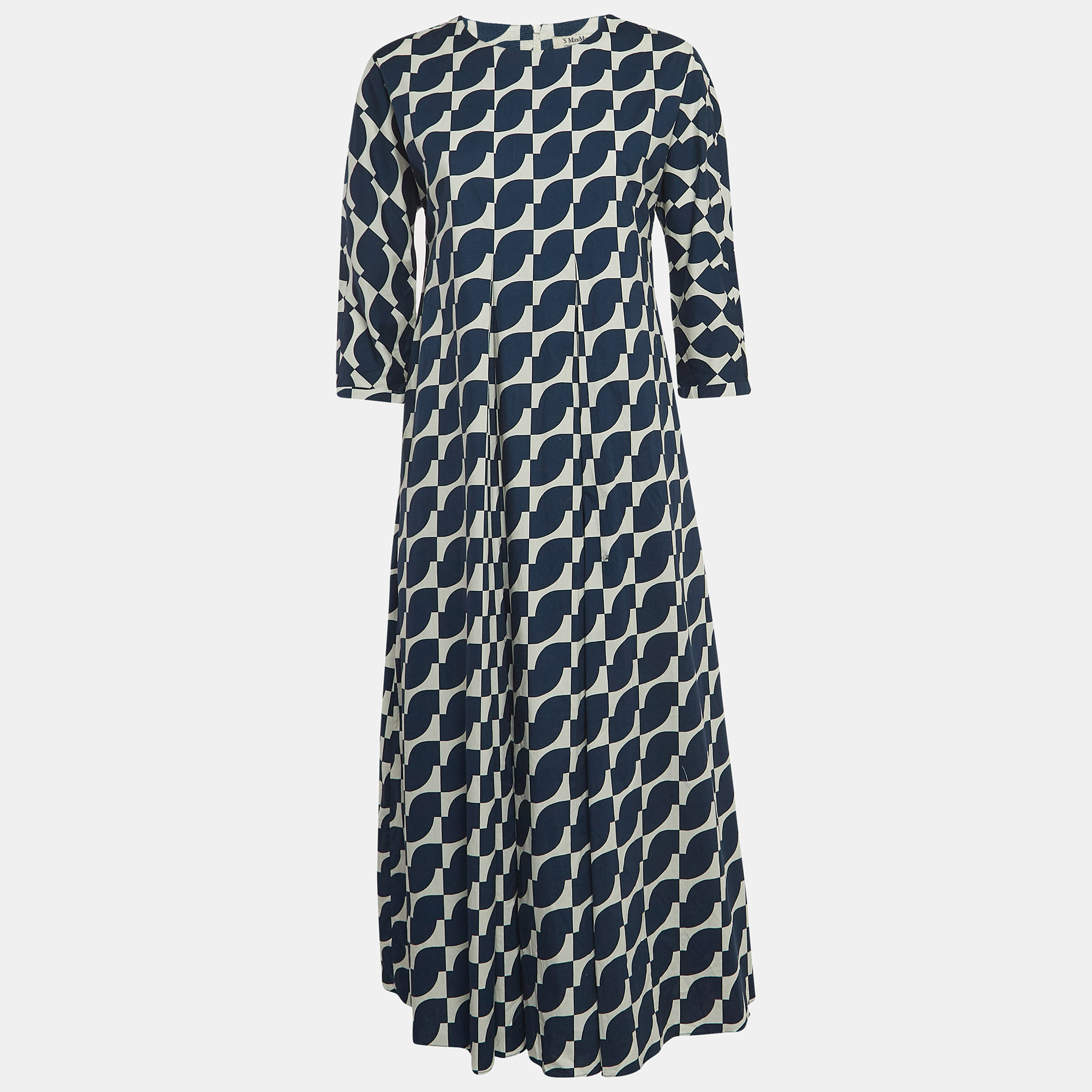 

S'Max Mara Blue Geometric Print Cotton Pleated Midi Dress