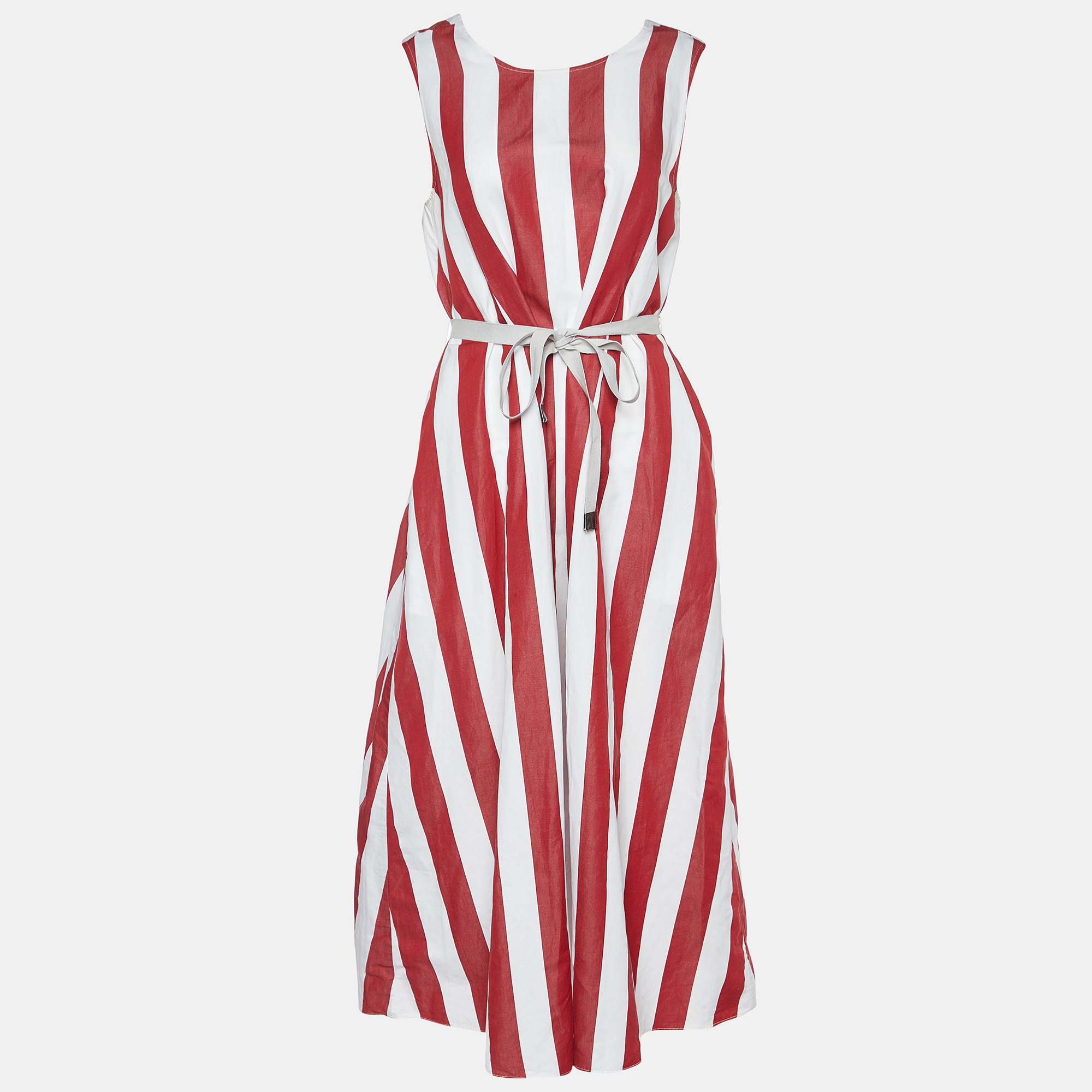 

S'Max Mara Red Striped Cotton & Ramie Belted Dress
