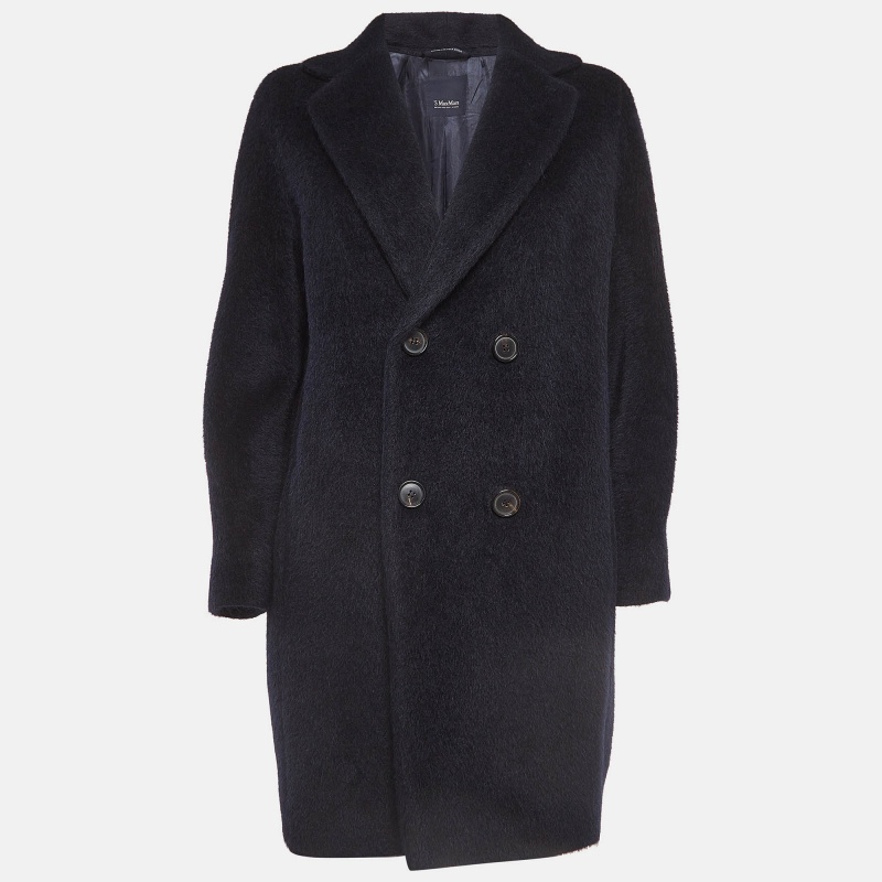 Navy Blue Wool Blend Double Breasted Coat