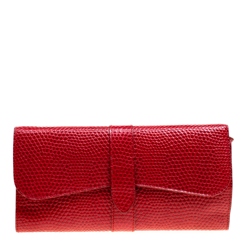 Smythson Red Lizard Embossed Leather Coin Organizer Clutch