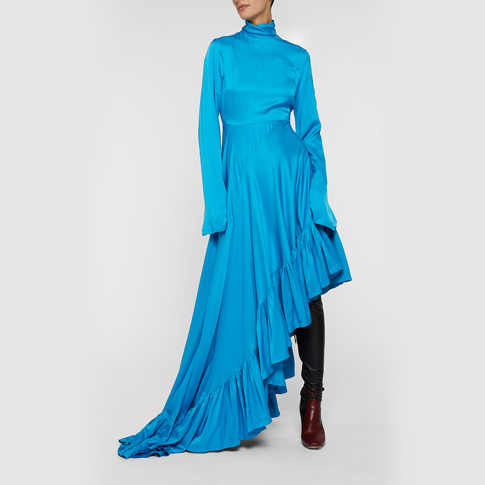 

Solace London Blue Marlee Asymmetric Ruffled Hem Satin Dress UK 10
