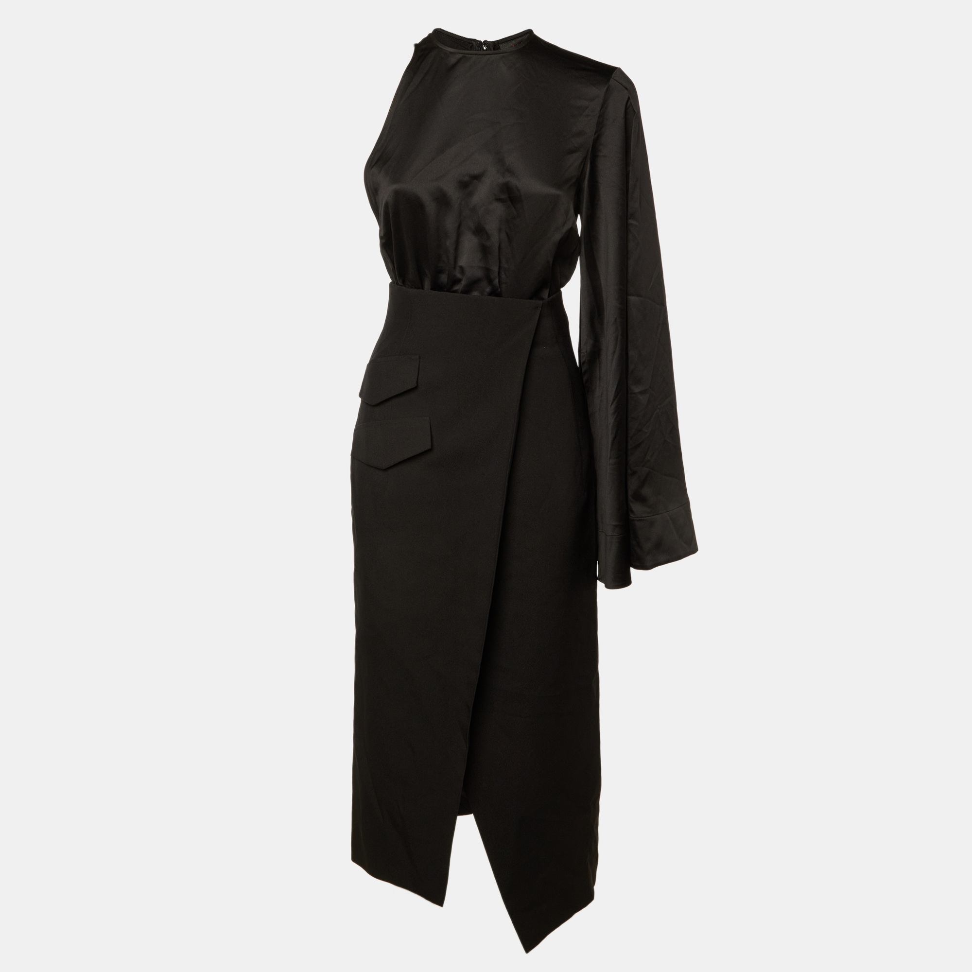 Pre-owned Solace London Black Satin & Crepe Marceo Midi Dress S