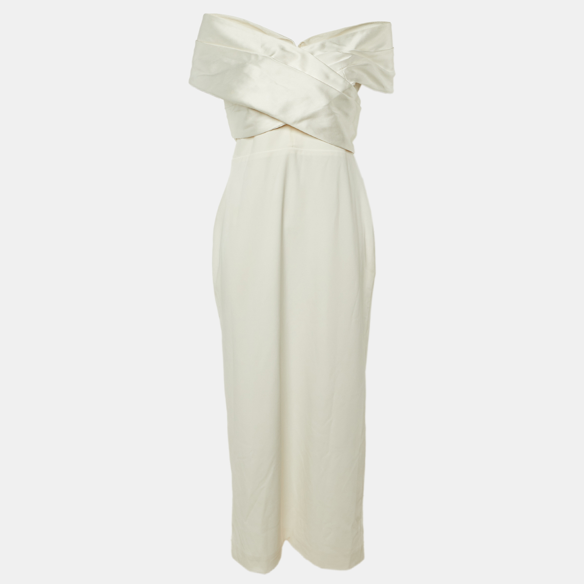 Pre-owned Solace London Ivory Crepe The Rhea Maxi Dress L In White