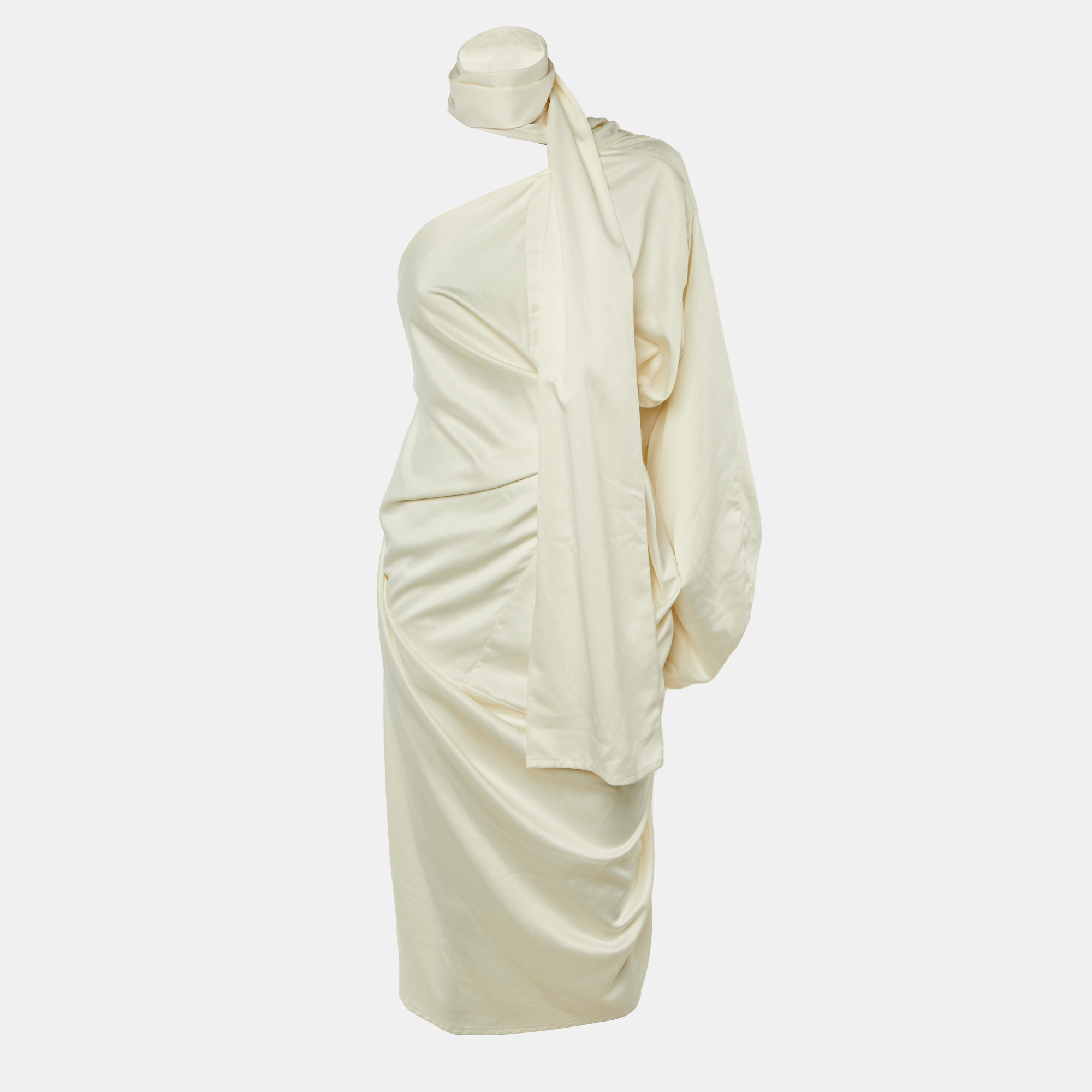 Pre-owned Solace London Ivory Satin Sorina One Shoulder Dress M In White