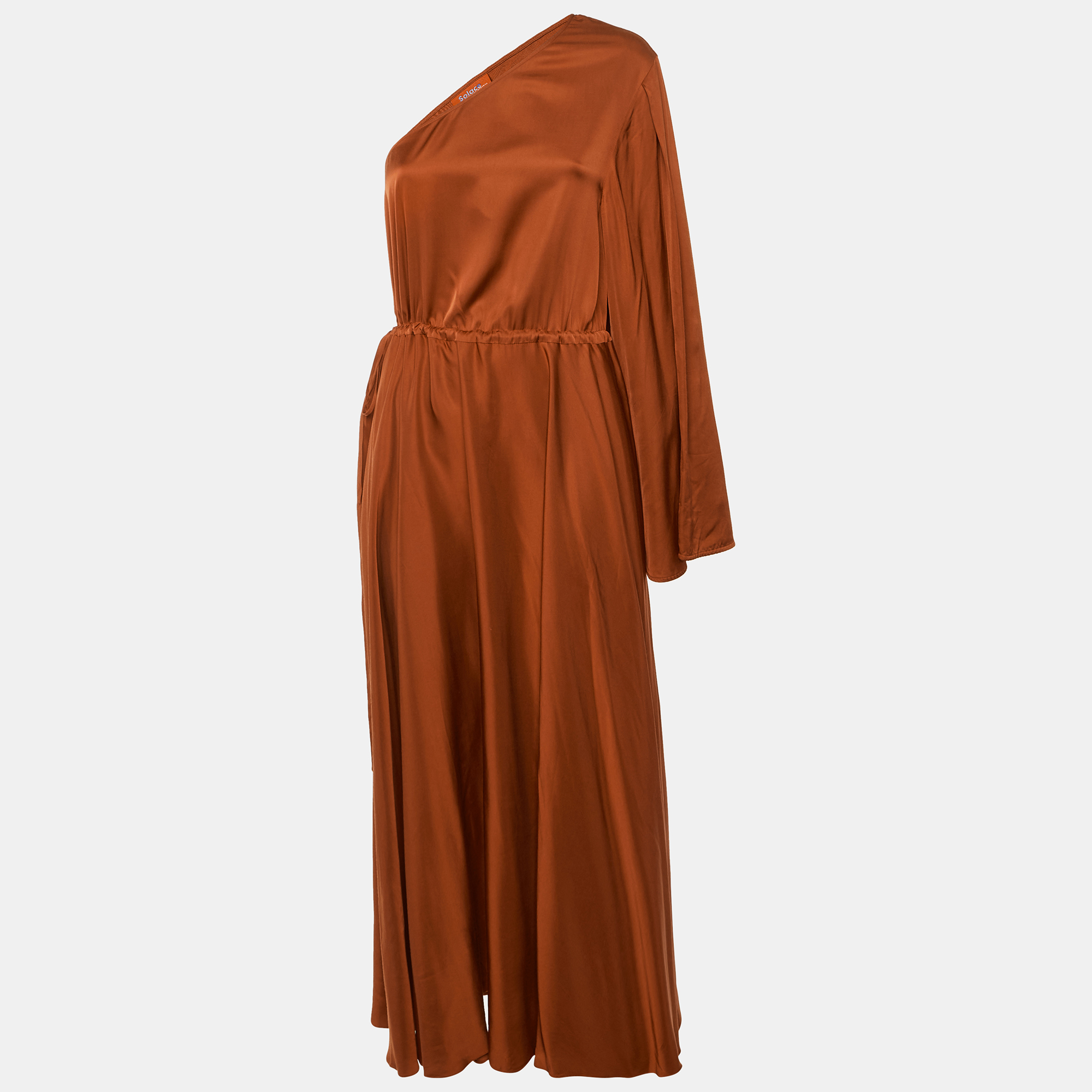 

Solace London Brown Sateen One Shoulder Maxi Dress M