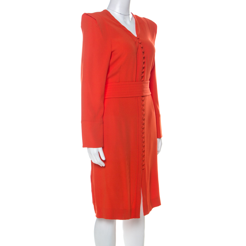 

Sonia Rykiel Orange Crepe Button Front Power Shoulder Belted Dress