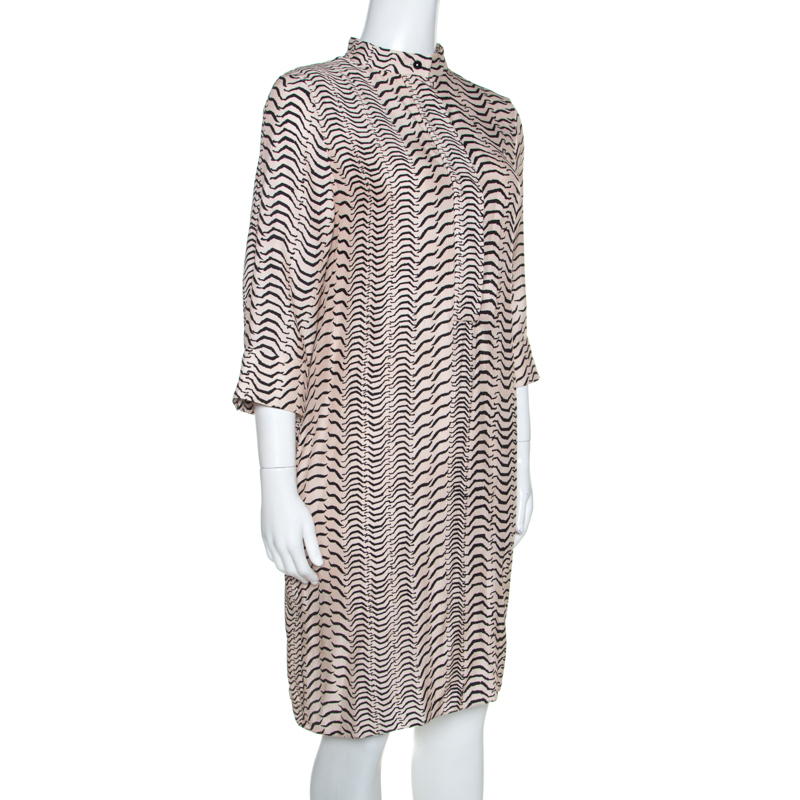 

Sonia Rykiel Bicolor Printed Silk Long Sleeve Shift Dress, Cream