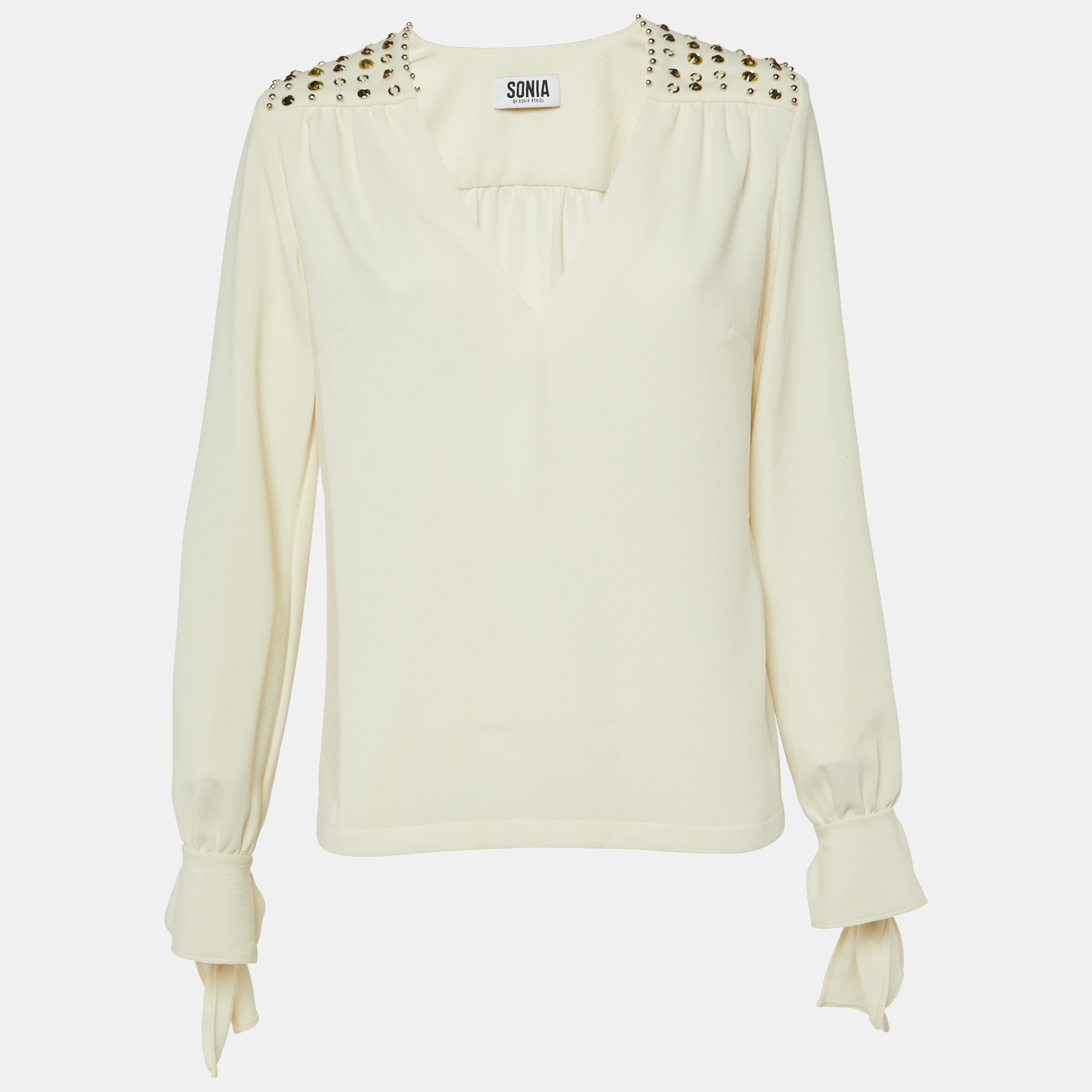 

Sonia by Sonia Rykiel Cream Crepe Embellished V-Neck Top M