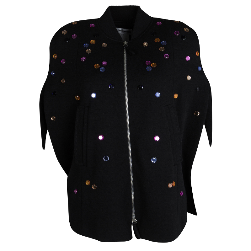 Sonia Rykiel Black Wool Zip Front Embellished Poncho Style Jacket S