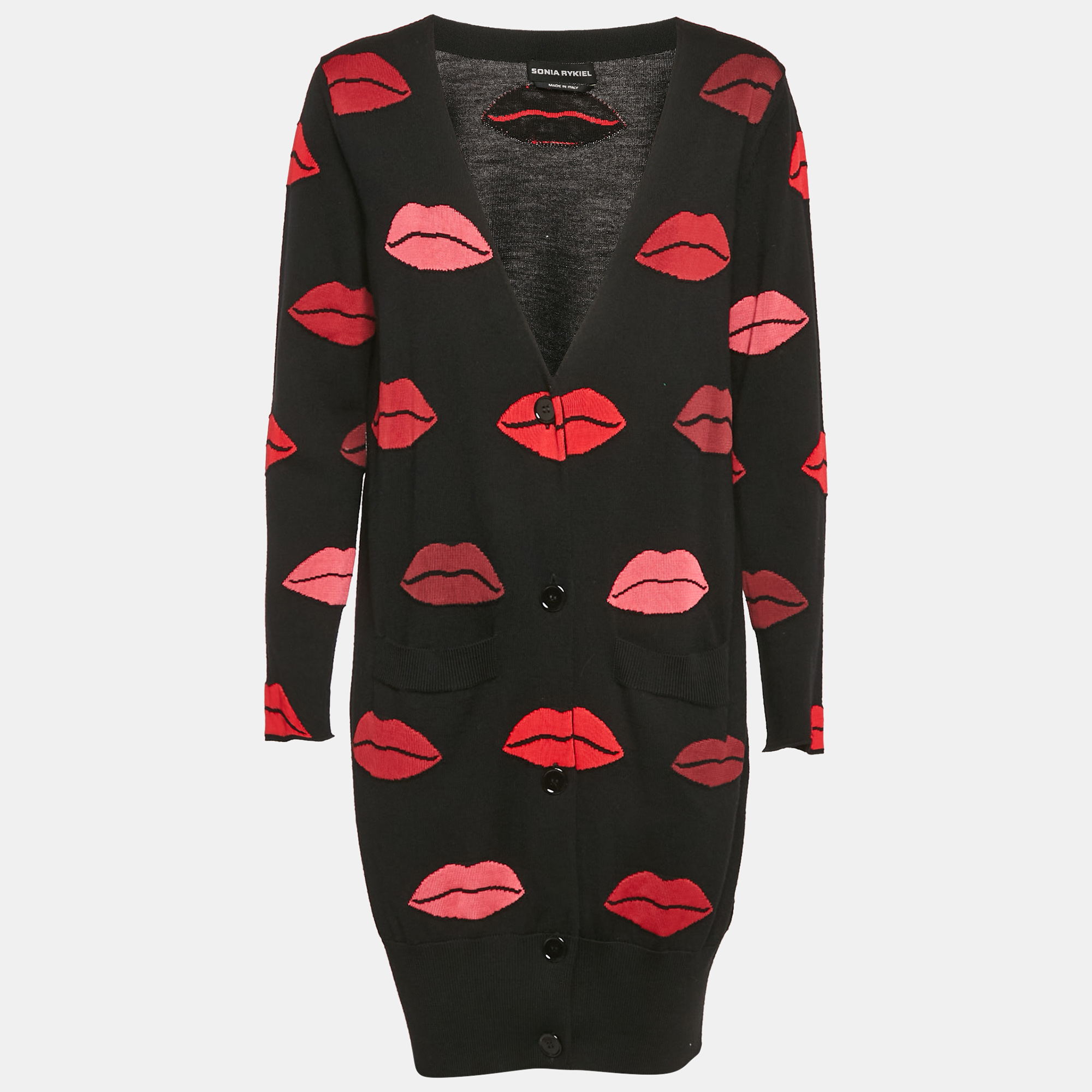 

Sonia Rykiel Black Lip Pattern Jacquard Knit Button Front Cardigan S