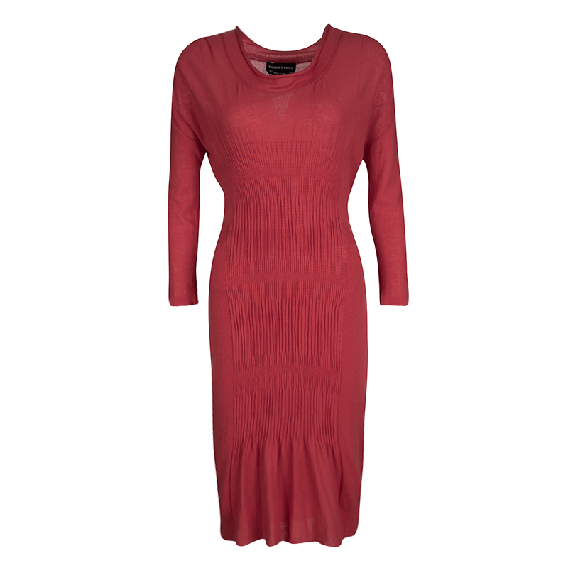 Sonia Rykiel Red Knit Waist Tie Detail Long Sleeve Midi Dress S