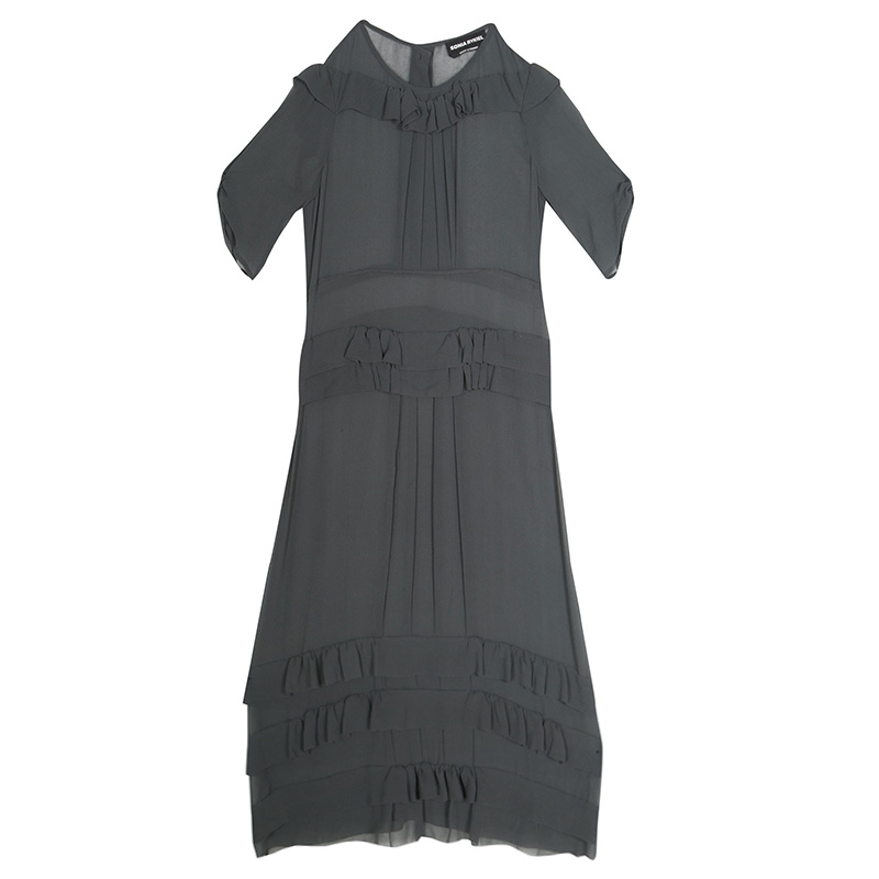Pre Owned Sonia Rykiel Grey Silk Georgette Ruffle Detail Sheer Midi Dress S