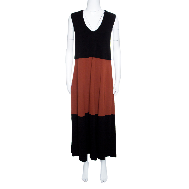Pre Owned Sonia Rykiel Black and Burnt Orange Colorblock Knit Sleeveless Maxi Dress L